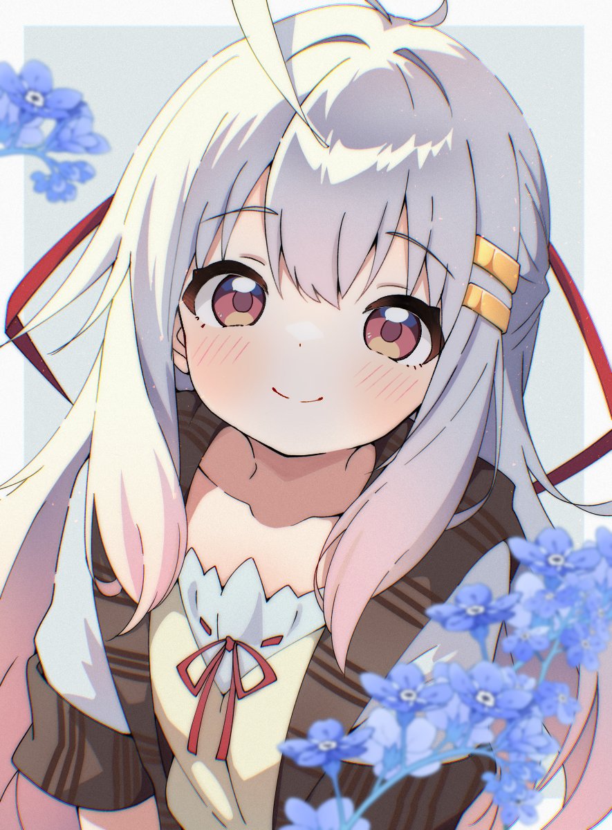 haguran, original, highres, 1girl, blue flower, blurry, blurry foreground, blush, closed mouth, collarbone, depth of field, flower, gradient hair, grey hair, hair between eyes, hair ornament, hair ribbon, hairclip, jacket, long hair, looking at viewer, multicolored hair, pink hair, red eyes, red ribbon, ribbon, shirt, smile, solo, upper body, white hair, white shirt
