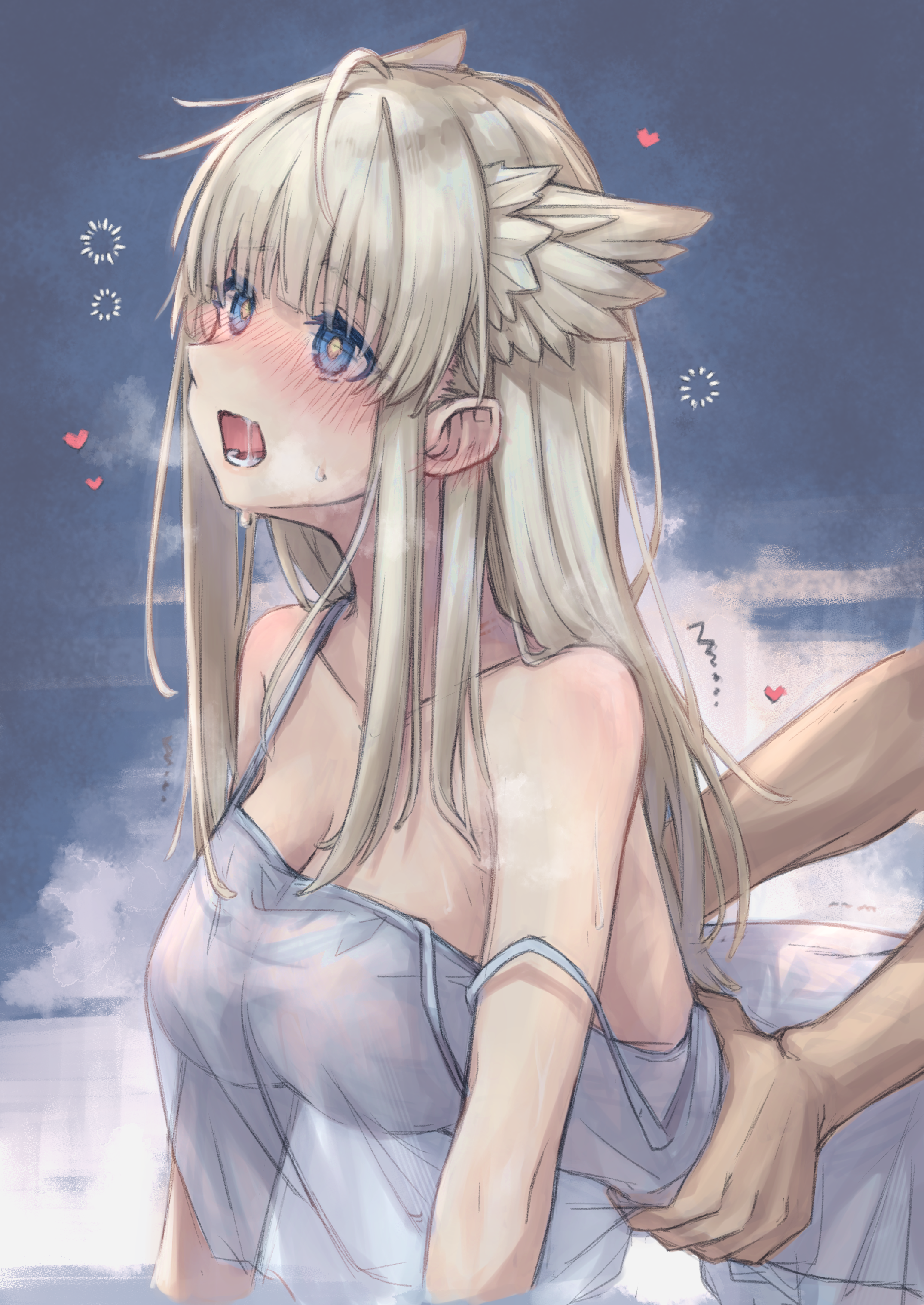 semi colon, perlica (arknights), arknights, arknights: endfield, absurdres, commentary request, highres, 1boy, 1girl, animal ears, bare shoulders, blue eyes, blush, breasts, dress, gloves, grey hair, heart, implied sex, jacket, large breasts, long hair, lower teeth only, open mouth, saliva, squeans, teeth, white dress, yellow pupils