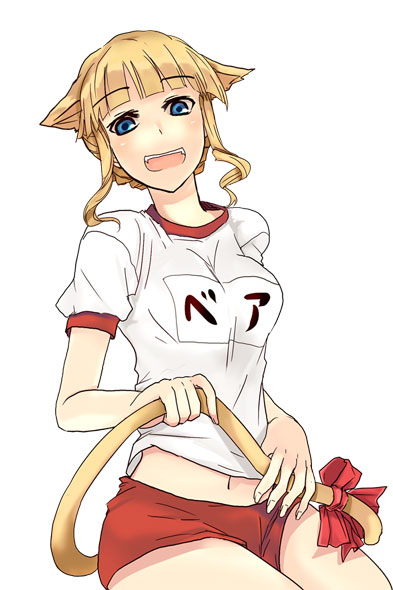 sora (efr), beatrice (umineko), umineko no naku koro ni, translated, 00s, 1girl, animal ears, blonde hair, blue eyes, buruma, cat ears, cat tail, female focus, gym uniform, solo, tail