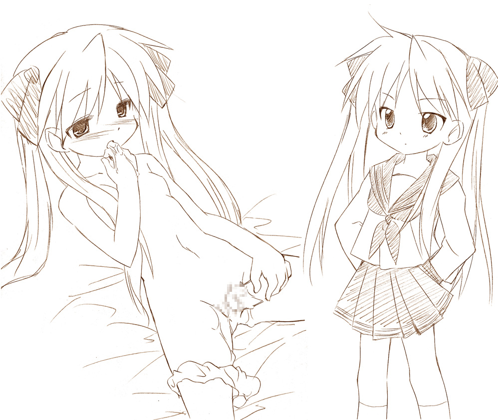 sawatari jinshi, hiiragi kagami, lucky star, 00s, 1girl, bed sheet, blush, censored, dildo, female focus, female masturbation, finger in own mouth, finger sucking, flat chest, frown, hair ribbon, long hair, lying, masturbation, monochrome, mosaic censoring, navel, nude, on back, panties, panties around leg, panty pull, pussy, pussy juice, ribbon, school uniform, serafuku, sex toy, sketch, skirt, solo, tsurime, twintails, underwear