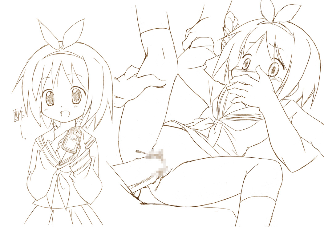 sawatari jinshi, hiiragi tsukasa, lucky star, arm grab, 00s, 1girl, assisted rape, balsamic vinegar, blush, bottomless, censored, covering another's mouth, defloration, gagged, hairband, hand over another's mouth, instant loss, kneehighs, leg hold, loli, lying, monochrome, mosaic censoring, on back, open mouth, penis, pussy, pussy juice, rape, ribbon, school uniform, serafuku, sex, simple background, sketch, smile, socks, spread legs, tareme, tears, vaginal