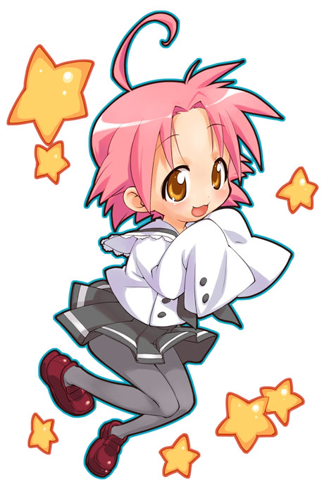myuracchi (ayashii hon'ya), myuratch, kogami akira, lucky star, 00s, 1girl, ahoge, brown eyes, female focus, long sleeves, oversized clothes, pantyhose, pink hair, school uniform, serafuku, sleeves past wrists, solo, star (symbol)
