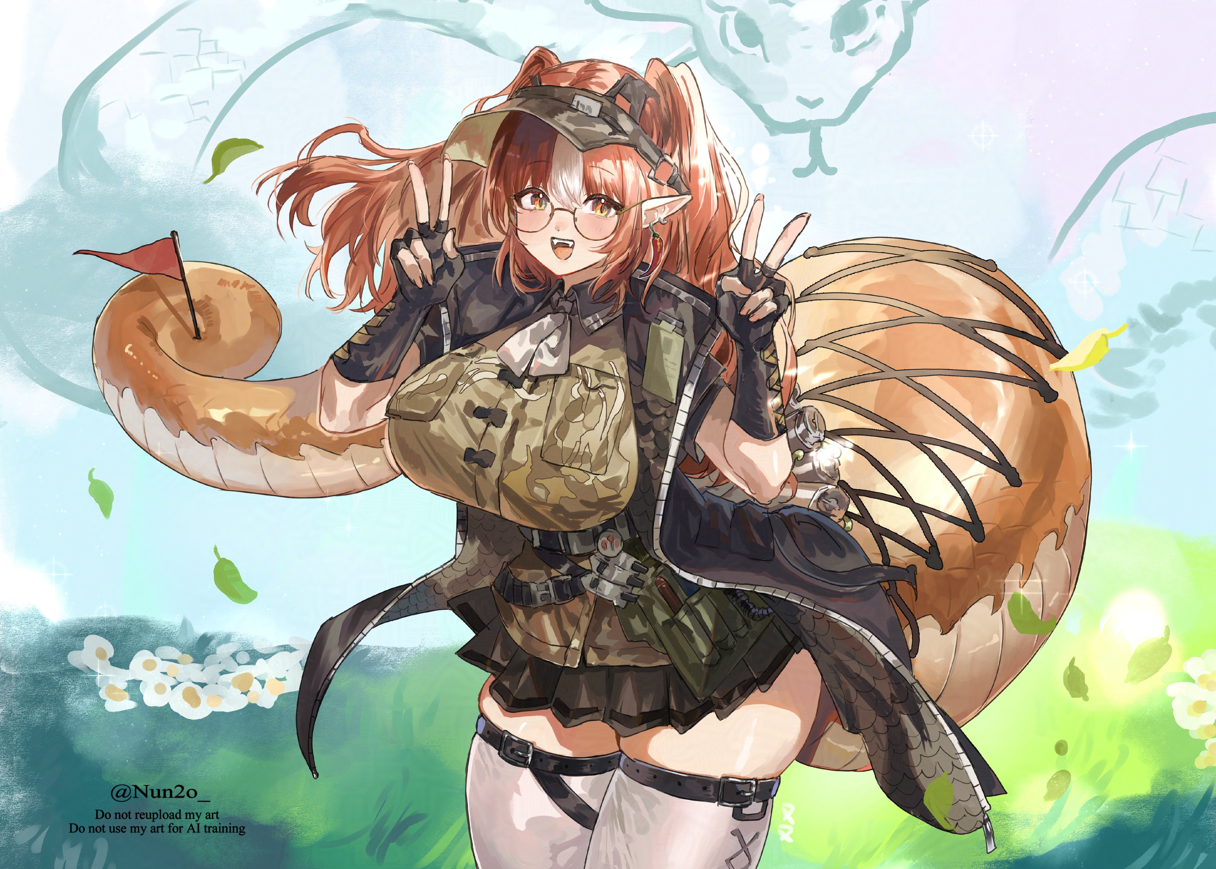 nun2o, wulfenite (arknights), arknights, absurdres, commentary request, highres, 1girl, black gloves, breasts, camouflage, camouflage jacket, chili pepper earrings, double v, fangs, fingerless gloves, flag, flower, glasses, gloves, holding, holding with tail, huge breasts, jacket, long hair, looking at viewer, open mouth, orange eyes, orange hair, outdoors, pointy ears, prehensile tail, reptile girl, round eyewear, semi-rimless eyewear, skirt, smile, snake girl, snake tail, solo, tail, teeth, thick tail, thighhighs, twitter username, under-rim eyewear, upper teeth only, v, visor cap, white flower, white thighhighs, zettai ryouiki