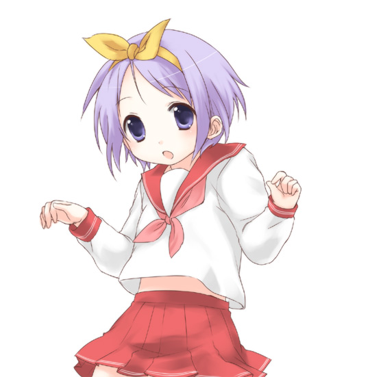 usashiro mani, hiiragi tsukasa, lucky star, 00s, 1girl, blue eyes, blue hair, bow, female focus, looking at viewer, matching hair/eyes, open mouth, red bow, red skirt, school uniform, serafuku, simple background, skirt, solo, white background, yellow bow