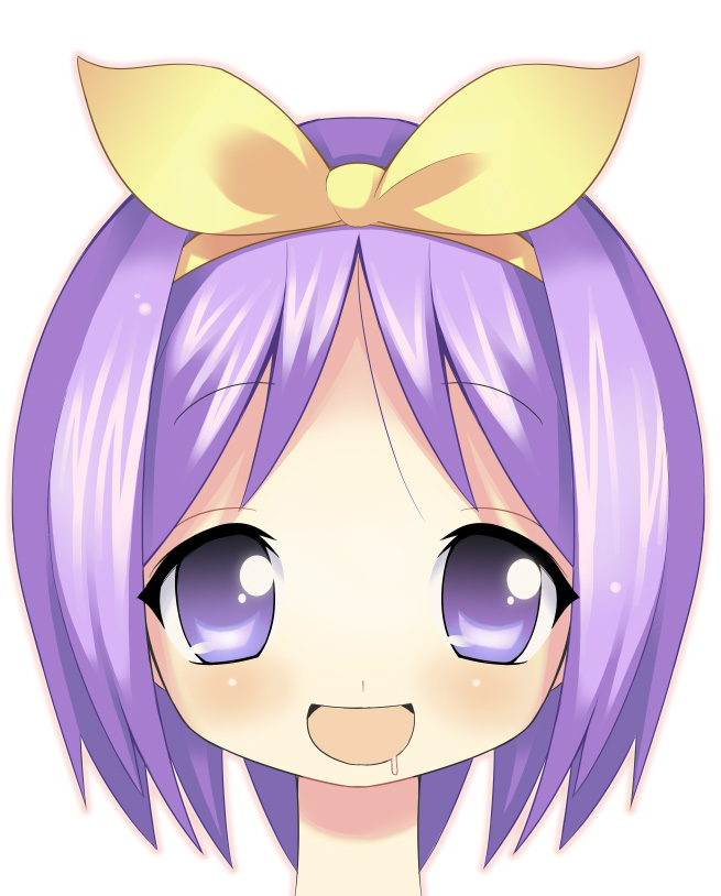 aida takanobu, hiiragi tsukasa, lucky star, 00s, 1girl, :d, blush, female focus, hair ribbon, hairband, looking at viewer, open mouth, pink eyes, pink hair, ribbon, simple background, smile, solo, tareme, white background, yellow ribbon
