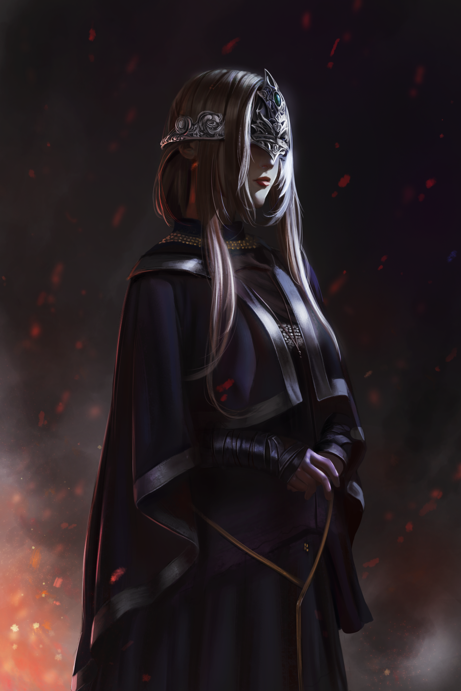 yuanhe mx, fire keeper, dark souls (series), dark souls iii, highres, 1girl, black dress, blindfold, blonde hair, capelet, cloak, closed mouth, covered eyes, dress, eye mask, grey hair, jewelry, long hair, mask, necklace, solo