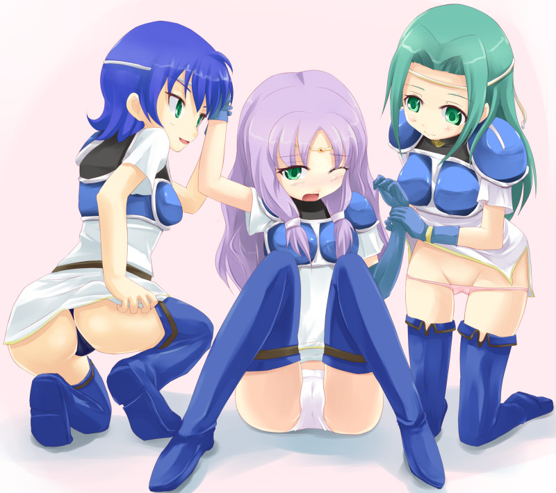 kuro (be ok), farina (fire emblem), fiora (fire emblem), florina (fire emblem), fire emblem, fire emblem: the blazing blade, nintendo, pegasus knight uniform (fire emblem), 3girls, aqua eyes, aqua hair, armor, ass, black panties, blue gloves, blue hair, blush, boots, cameltoe, circlet, elbow gloves, gloves, green eyes, green hair, headband, holding another's wrist, kneeling, loli, long hair, low twintails, lowleg, lowleg panties, multiple girls, one eye closed, open mouth, panties, panty pull, pantyshot, pink panties, purple hair, short hair, siblings, single glove, sisters, smile, thigh boots, thighhighs, twintails, underwear, white panties, wink