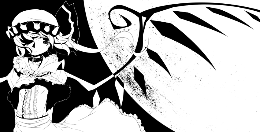 takahero, flandre scarlet, remilia scarlet, touhou, 1girl, center frills, collar, collarbone, expressionless, female focus, frills, full moon, greyscale, hair over one eye, hat, hat ribbon, mob cap, monochrome, moon, ribbon, side ponytail, skirt, solo, wings