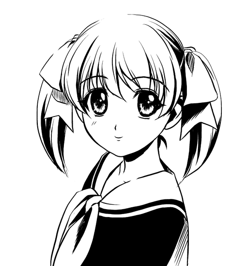 yamaguchi takashi, yamaguchi yuu, fukuzawa yumi, maria-sama ga miteru, 00s, 1girl, collar, female focus, greyscale, hair ribbon, long sleeves, looking at viewer, monochrome, ribbon, school uniform, serafuku, simple background, solo, twintails, white background