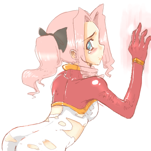 darry adai, tengen toppa gurren lagann, lowres, 00s, bent over, blue eyes, blush, bodysuit, hair ribbon, looking back, pink hair, ponytail, ribbon, solo, tears, torn clothes