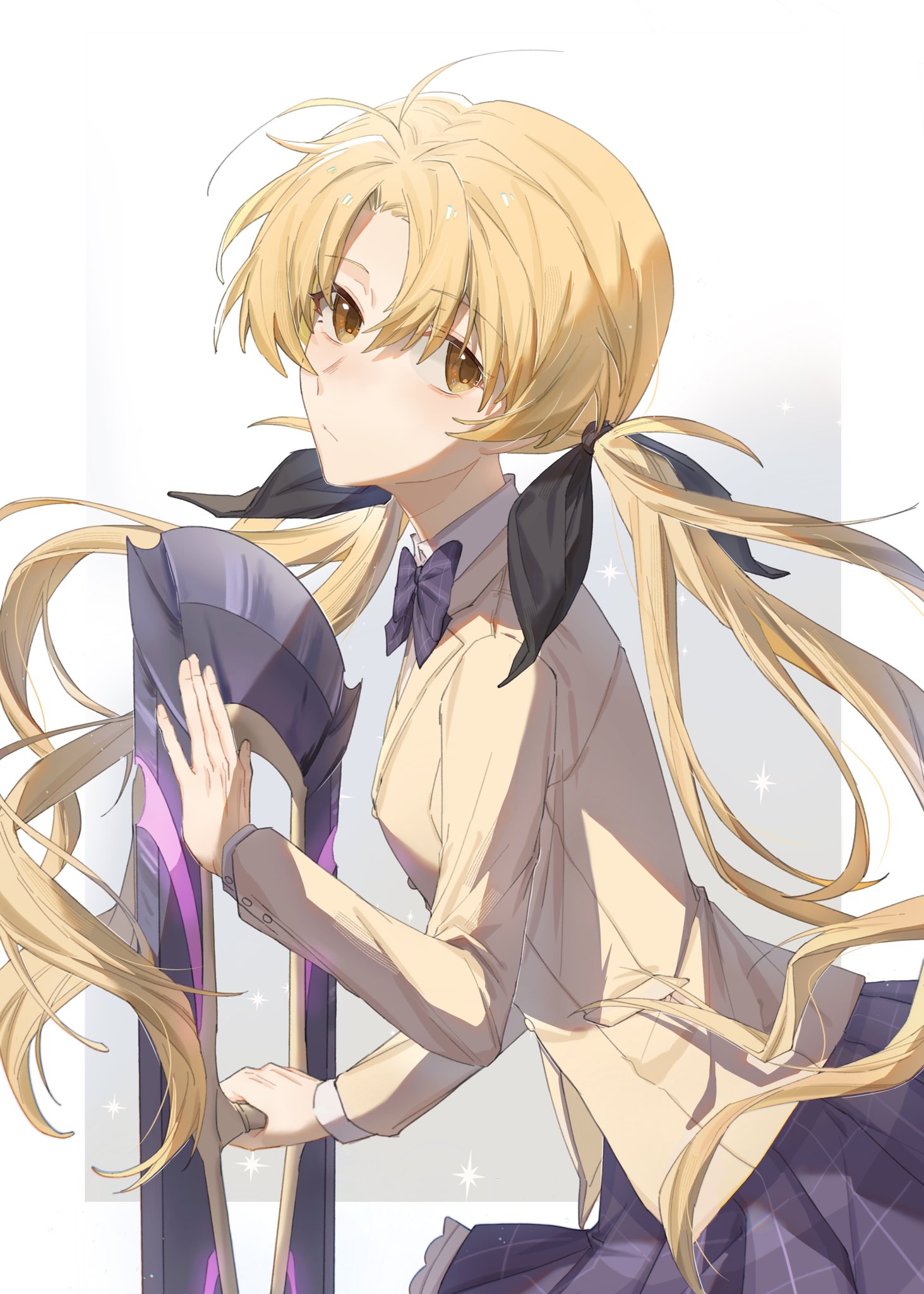 orihara kozue, chaos;head, science adventure, highres, 1girl, ayai hsgm, blazer, blonde hair, bow, bowtie, breasts, brown jacket, d-sword, dress shirt, expressionless, fingernails, hair ribbon, jacket, lapels, long hair, long sleeves, looking at viewer, notched lapels, petticoat, plaid bow, plaid bowtie, plaid clothes, plaid skirt, pleated skirt, purple bow, purple bowtie, purple skirt, red trim, ribbon, school emblem, school uniform, shirt, simple background, skirt, small breasts, solo, suimei academy school uniform, twintails, very long hair, white background, white petticoat, white shirt, yellow eyes