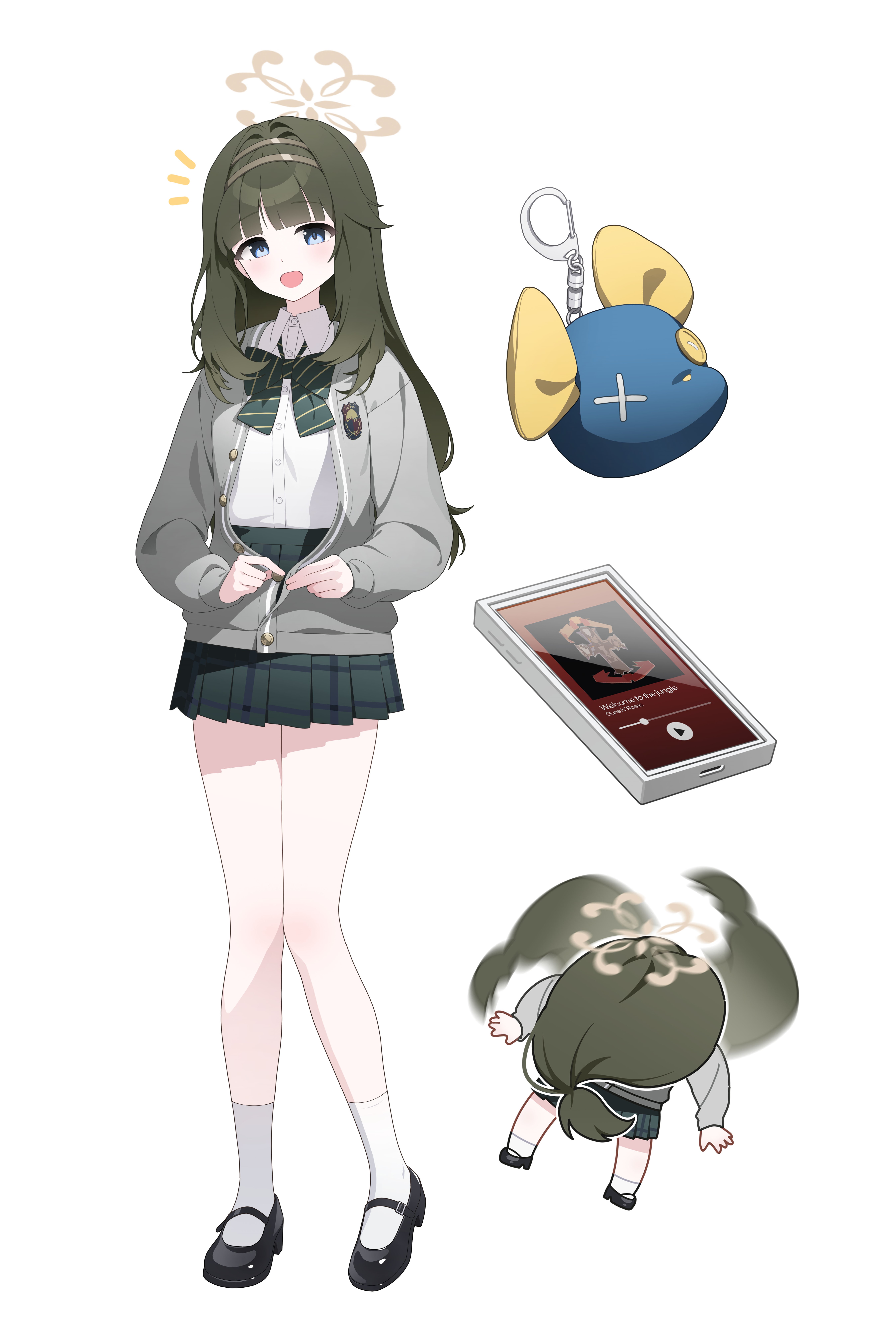dong ji, tsumugi (blue archive), blue archive, bocchi the rock!, absurdres, highres, 1girl, animal charm, ankle socks, black shoes, blue eyes, blunt bangs, bow, bowtie, brown halo, cardigan, charm (object), chibi, collar, collared shirt, diagonal-striped bow, diagonal-striped bowtie, diagonal-striped clothes, emblem, green bow, green bowtie, green hair, grey cardigan, hair intakes, halo, headband, headbanging, long hair, meme, music, open cardigan, open clothes, open mouth, phone, pleated skirt, shirt, shoes, simple background, skirt, socks, solo, striped bow, striped bowtie, striped clothes, surprised, white background, white shirt, white socks, wild hunt academy of arts logo