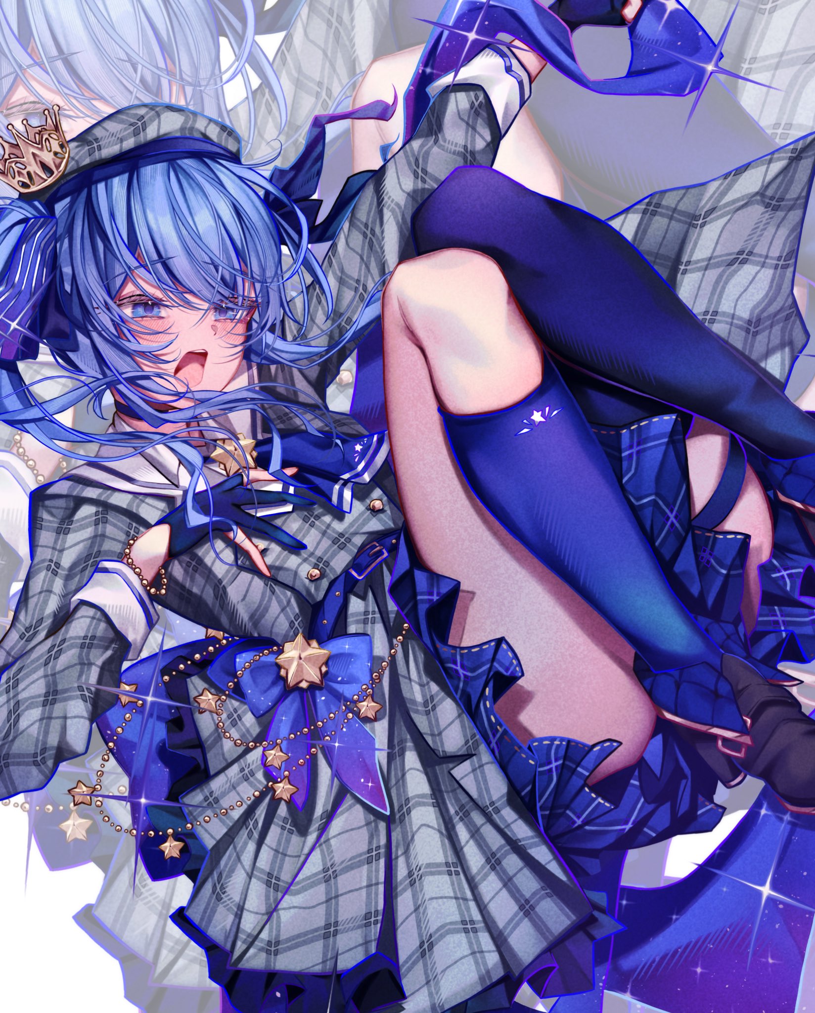 tooya0923, hoshimachi suisei, hoshimachi suisei (1st costume), hololive, commentary request, highres, 1girl, ascot, asymmetrical legwear, bead bracelet, beads, beret, black boots, black gloves, black thighhighs, blue ascot, blue bow, blue eyes, blue hair, blue ribbon, blue socks, boots, bow, bracelet, buttons, collared shirt, crown, double-breasted, double-parted bangs, frilled skirt, frills, gloves, grey hat, grey jacket, grey skirt, hair between eyes, hair ribbon, hat, high heel boots, high heels, jacket, jewelry, kneehighs, medium hair, open mouth, outstretched arm, partially fingerless gloves, plaid clothes, plaid hat, plaid jacket, plaid skirt, pleated skirt, ribbon, shirt, side ponytail, sidelocks, single kneehigh, single sock, single thighhigh, skirt, skirt set, sleeve cuffs, socks, star (symbol), star in eye, symbol in eye, teeth, thighhighs, three-quarter sleeves, uneven legwear, upper teeth only, virtual youtuber, waist bow, white shirt, zoom layer