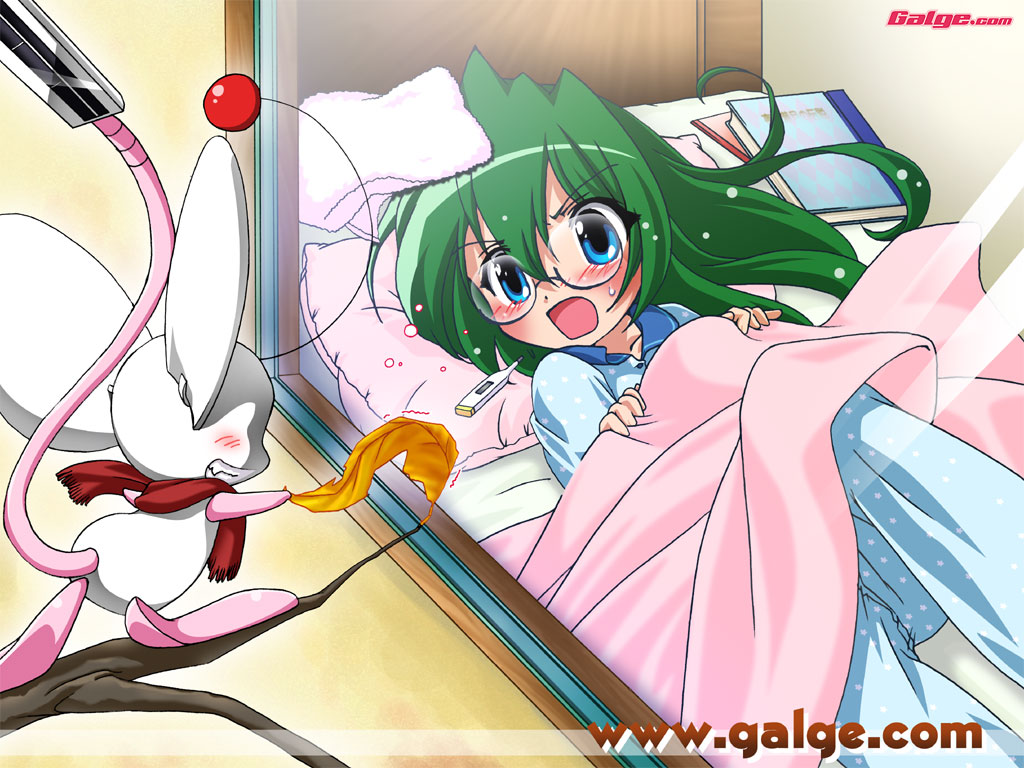 mouse (galge.com), scanner (galge.com), galge.com, original, 1girl, autumn, bed, blanket, blue eyes, blush, book, eyes visible through hair, fever, glasses, green hair, grin, leaf, lying, mouse (animal), on back, open mouth, pajamas, pillow, sick, smile, sweatdrop, thermometer, towel, watermark, web address, window