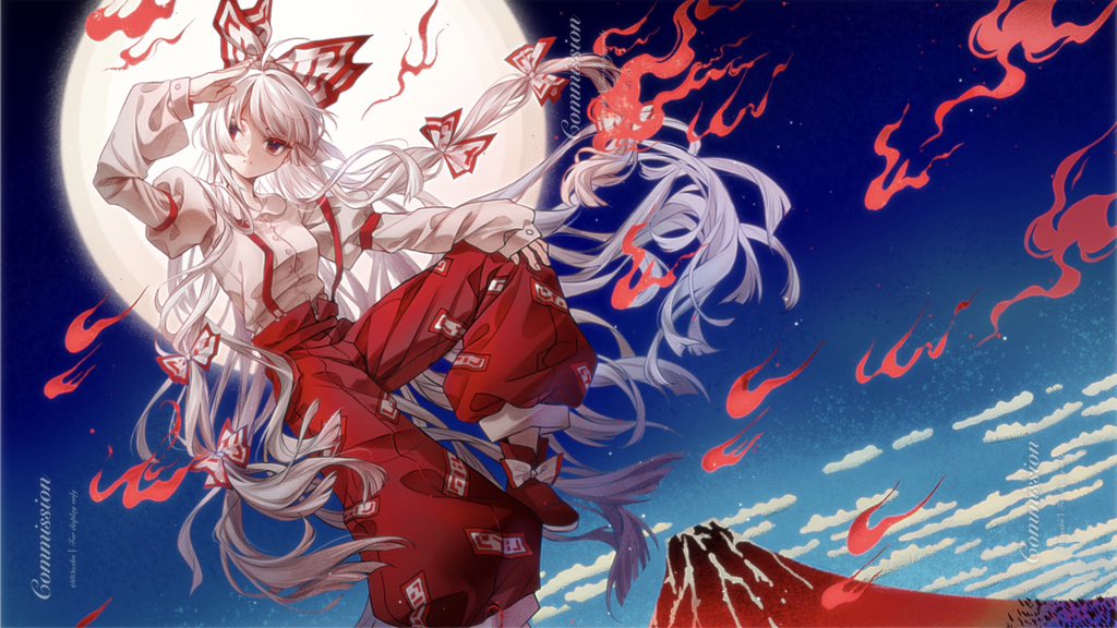 80isiiii, fujiwara no mokou, touhou, commentary, commission, symbol-only commentary, 1girl, bow, cloud, cloudy sky, fire, flying, hair bow, huge moon, long hair, looking at viewer, moon, mountain, pants, red eyes, red pants, shirt, sky, solo, star (sky), starry sky, suspenders, white hair, white shirt