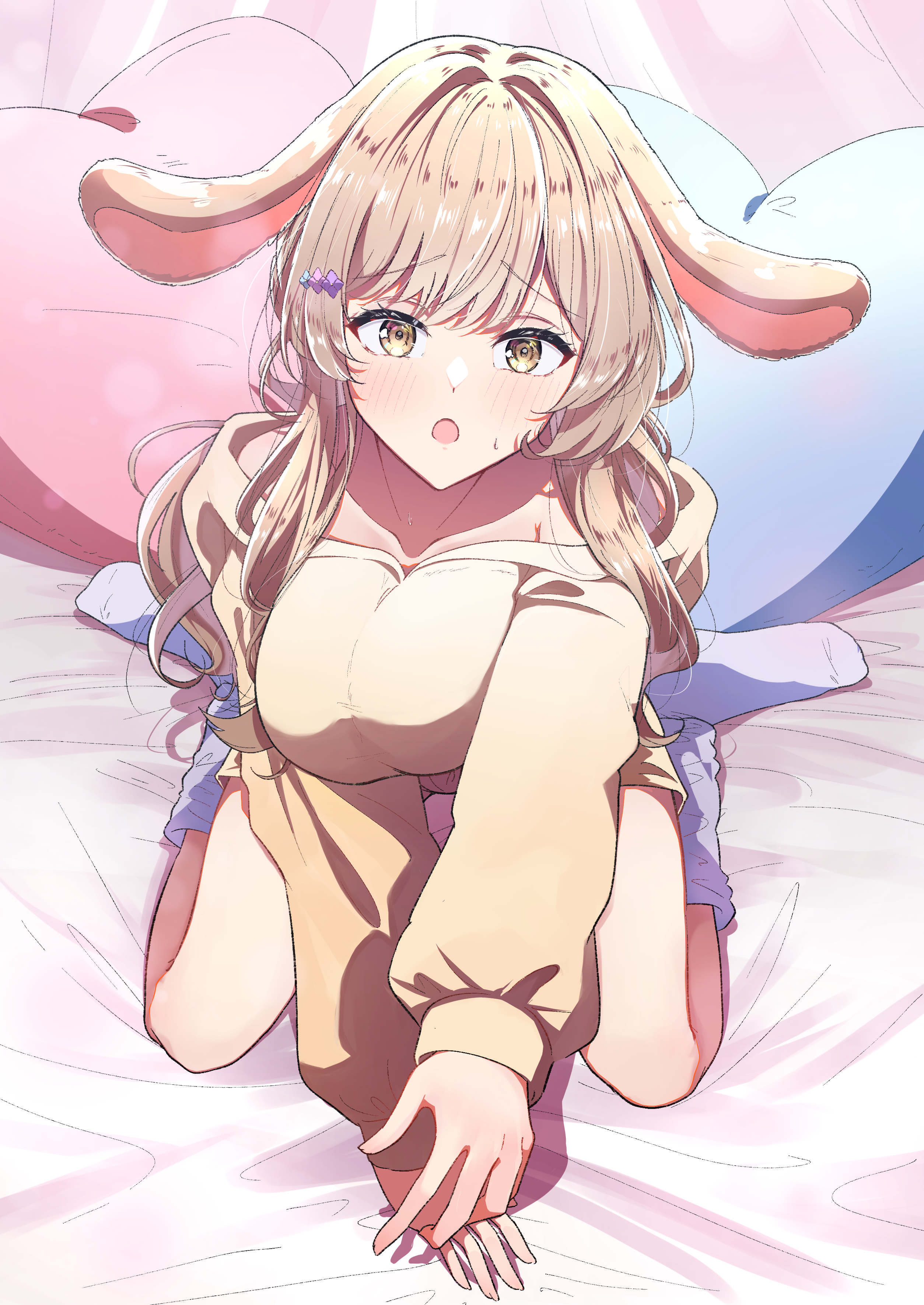 rio beginner, sena ajisai, watashi ga koibito ni nareru wake naijan murimuri!, absurdres, highres, 1girl, :o, animal ears, blush, breasts, brown hair, collarbone, hair ornament, heart, heart hair ornament, hood, hoodie, large breasts, long hair, long sleeves, looking at viewer, on bed, open mouth, rabbit ears, sitting, socks, solo, virtual youtuber, wariza, yellow eyes, yellow hoodie