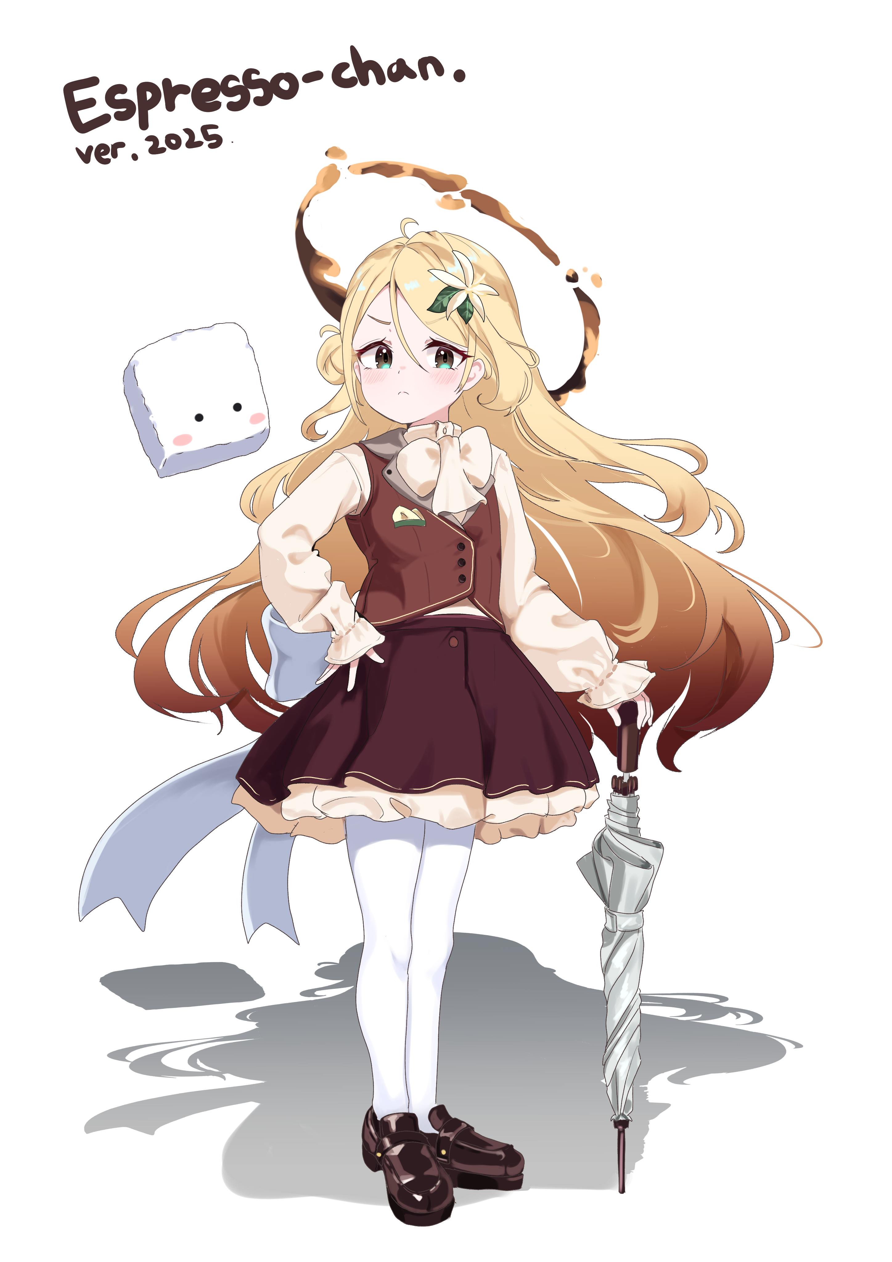 cafelittle, original, absurdres, highres, 1girl, aqua eyes, back bow, blonde hair, blush, blush stickers, bow, brown hair, brown skirt, brown vest, character name, closed mouth, closed umbrella, flower, gradient hair, halo, hand on hilt, hand on own hip, holding, holding umbrella, long hair, multicolored hair, pantyhose, personification, planted, planted umbrella, shadow, shirt, shoes, skirt, sleeves past wrists, umbrella, vest, white bow, white flower, white pantyhose, white shirt