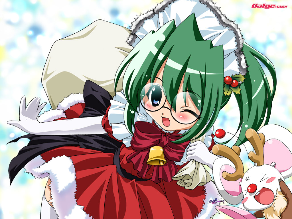 mouse (galge.com), scanner (galge.com), galge.com, original, > <, 1girl, ;d, animal costume, antlers, bell, blue eyes, blush, blush stickers, bow, bowtie, christmas, closed eyes, frills, glasses, green hair, holly, horns, leaning forward, looking at viewer, mouse (animal), one eye closed, open mouth, red nose, reindeer antlers, reindeer costume, sack, santa costume, short hair, smile, standing, thighhighs, watermark, web address, white thighhighs, wink, zettai ryouiki