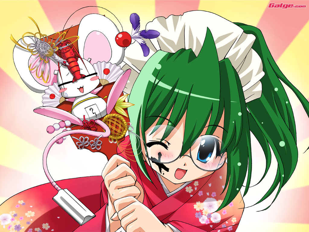 mouse (galge.com), scanner (galge.com), galge.com, original, 1girl, :3, ;d, = =, blue eyes, blush, blush stickers, dango, facepaint, feathers, floral print, folding fan, food, glasses, green hair, hagoita, hand fan, hanetsuki, japanese clothes, japanese flag, kimono, lobster, looking at viewer, mouse (animal), new year, one eye closed, open mouth, paddle, paper fan, short hair, smile, sweatdrop, wagashi, watermark, web address