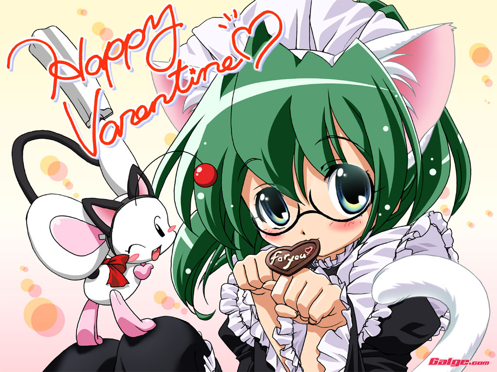 mouse (galge.com), scanner (galge.com), galge.com, original, 1girl, animal ears, blue eyes, blush, blush stickers, candy, cat ears, cat tail, chocolate, chocolate heart, cursive, english text, engrish text, eyes visible through hair, fingernails, food, frills, glasses, green hair, happy valentine, heart, maid, maid headdress, mouse (animal), mouth hold, paw pose, ranguage, short hair, sitting, tail, valentine, watermark, web address