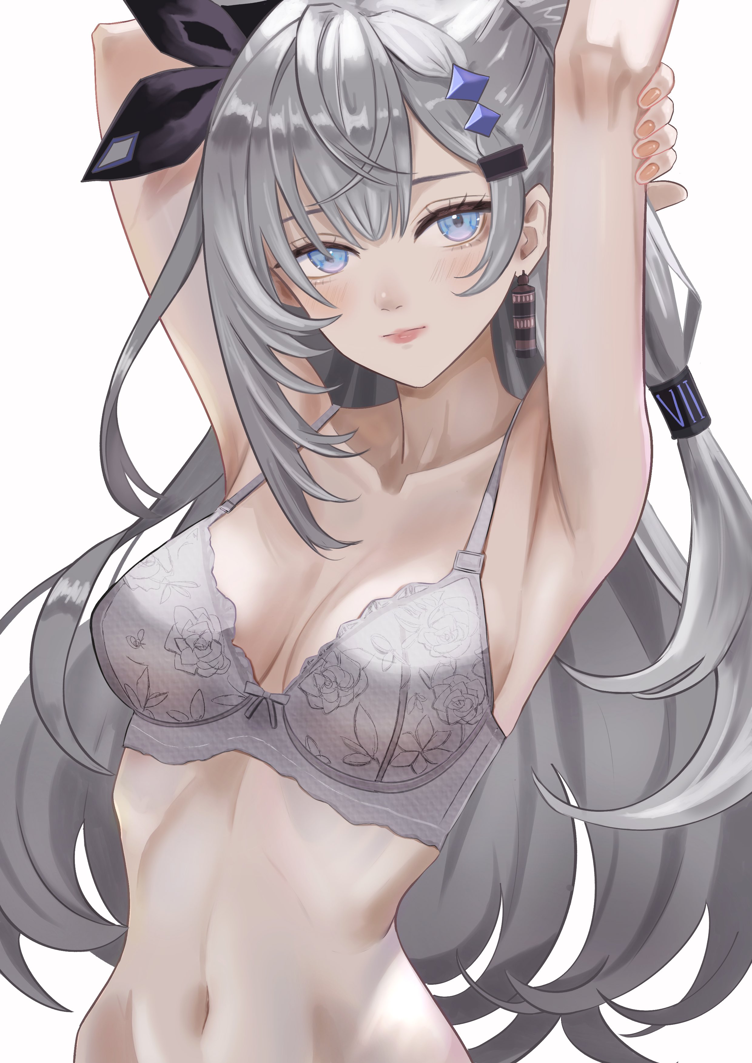 dhbwinner, vestia zeta, hololive, hololive indonesia, absurdres, commentary, hashtag-only commentary, highres, 1girl, armpits, arms up, blue eyes, bra, braid, braided bangs, breasts, cleavage, closed mouth, cone hair bun, double-parted bangs, double bun, earrings, grey bra, grey hair, hair bun, hair ornament, hairclip, jewelry, lace, lace-trimmed bra, lace trim, long hair, looking at viewer, medium breasts, navel, simple background, single earring, solo, stomach, two side up, underwear, upper body, very long hair, virtual youtuber, white background