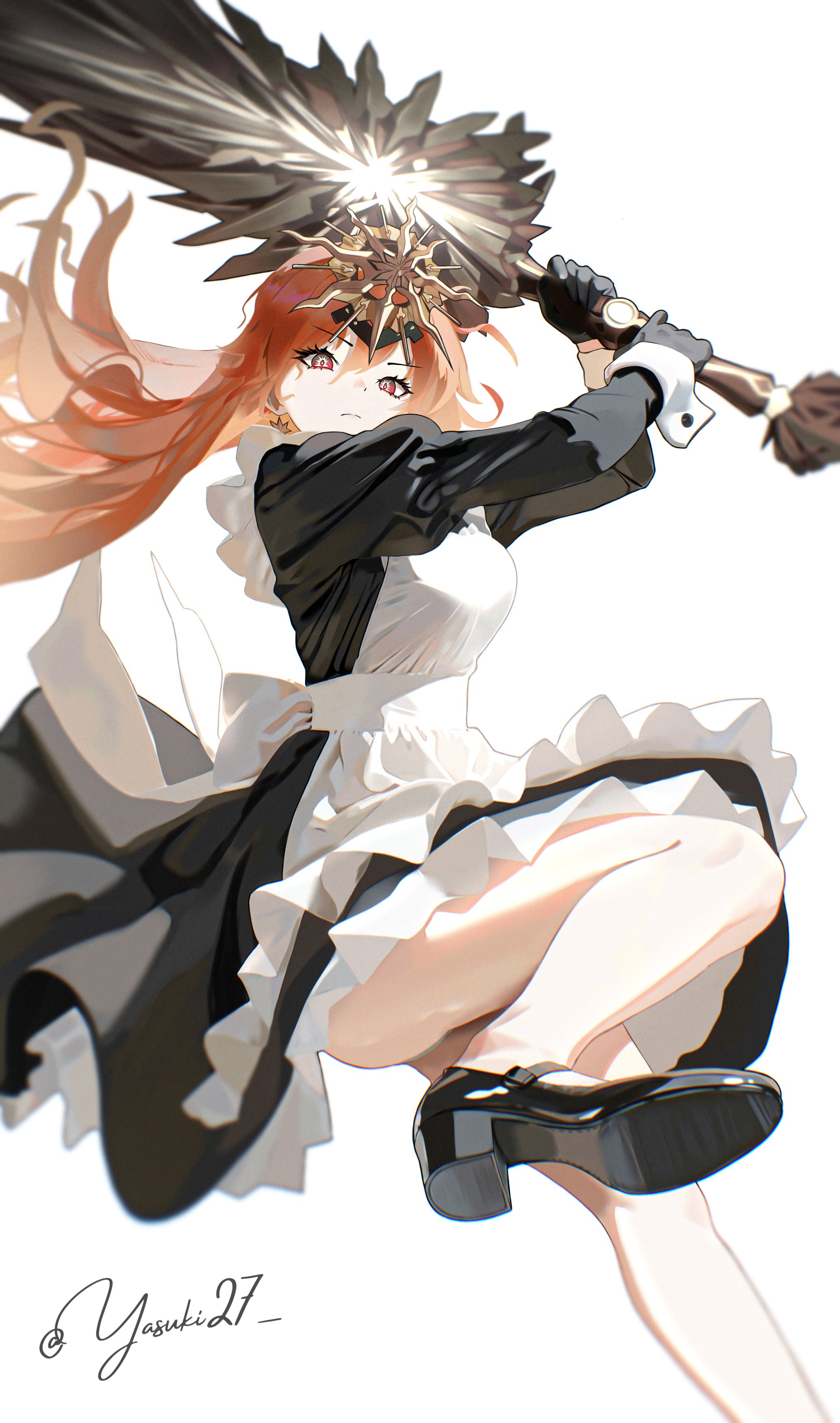 yasuki27, augusta (wuthering waves), wuthering waves, absurdres, highres, 1girl, alternate costume, apron, bare legs, black dress, black gloves, black shoes, breasts, closed mouth, dress, gloves, headgear, holding, holding sword, holding weapon, large breasts, long hair, long sleeves, looking at viewer, maid, maid apron, orange hair, puffy sleeves, red eyes, shoes, simple background, solo, sword, two-handed, weapon, white apron, white background