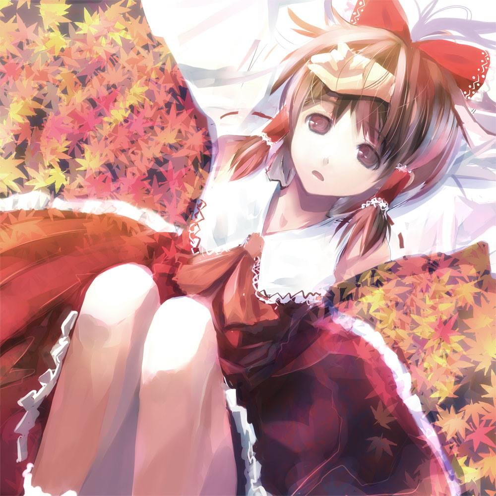 takashima, hakurei reimu, imperishable night, touhou, 1girl, armpits, brown eyes, female focus, japanese clothes, knees to chest, leaf, lying, maple leaf, miko, solo