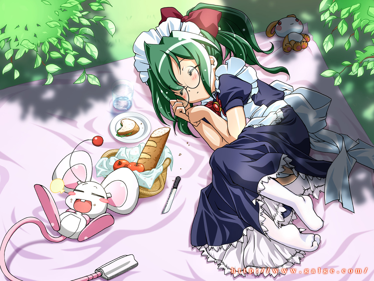 mouse (galge.com), scanner (galge.com), galge.com, original, 1girl, :3, = =, basket, blush, blush stickers, bow, bread, closed eyes, crumbs, cup, dot nose, fetal position, food, fruit, glasses, hair bow, knife, lying, maid, mouse (animal), on side, open mouth, panties, pantyshot, picnic, sandwich, shade, sleeping, stuffed animal, stuffed toy, underwear, watermark, web address