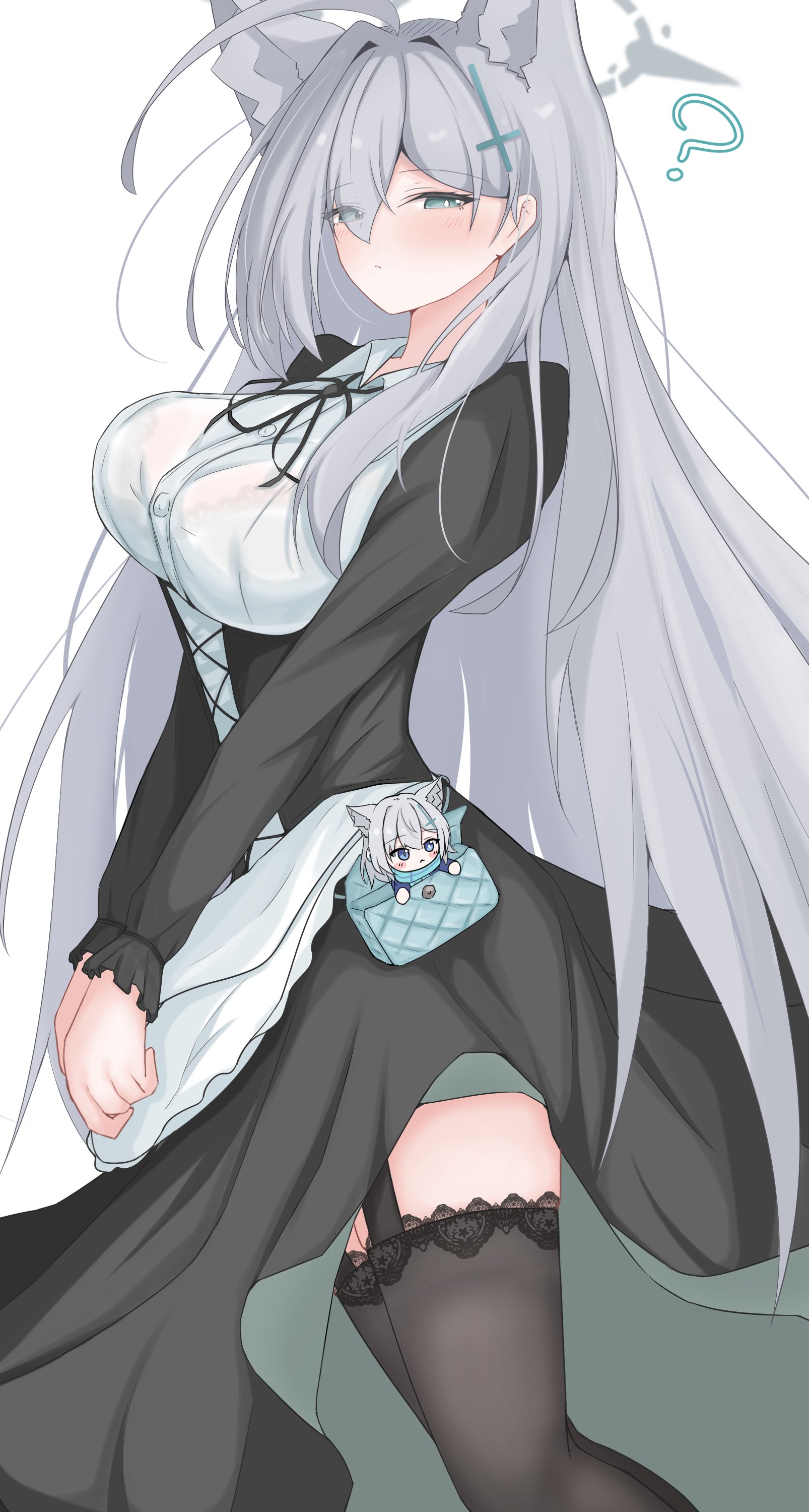 kote (kote arcive), shiroko (blue archive), shiroko terror (blue archive), blue archive, absurdres, commentary, highres, 2girls, ?, ahoge, alternate costume, animal ear fluff, animal ears, black dress, black ribbon, black thighhighs, blue eyes, blush, blush stickers, breasts, bright pupils, chibi, chibi inset, closed mouth, collared shirt, cross hair ornament, dress, extra ears, eyelashes, eyes visible through hair, feet out of frame, from side, garter straps, grey hair, grey halo, hair between eyes, hair intakes, hair ornament, halo, huge ahoge, lace, lace-trimmed thighhighs, lace trim, large breasts, light frown, long hair, long sleeves, looking at viewer, medium hair, mismatched pupils, multiple girls, neck ribbon, ribbon, school uniform, shirt, sidelocks, simple background, solo focus, split mouth, standing, straight hair, thighhighs, thighs, tsurime, v arms, very long hair, white background, white pupils, white shirt, wolf ears, wolf girl