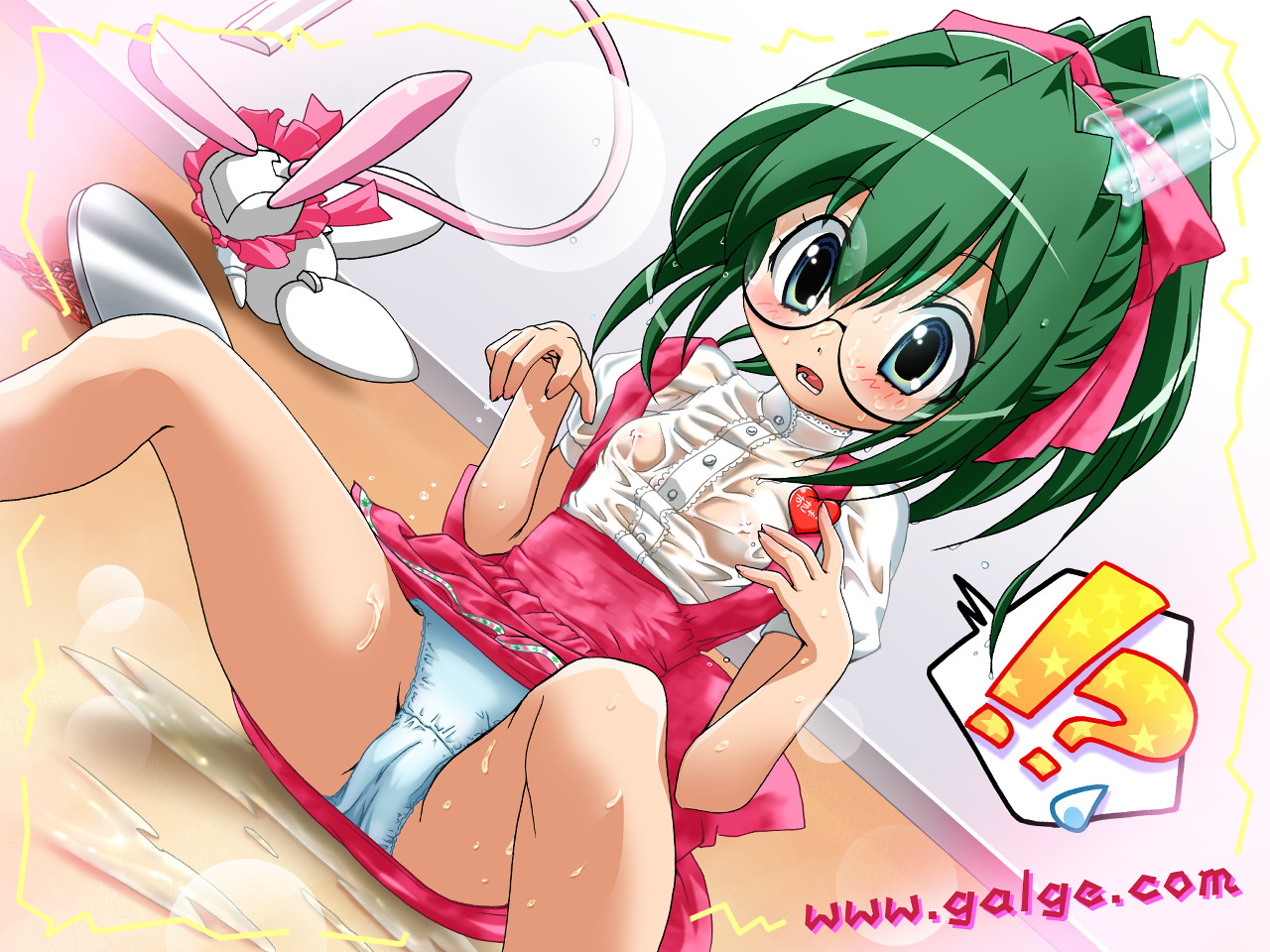 mouse (galge.com), scanner (galge.com), anna miller, galge.com, original, !?, 1girl, blue eyes, blush, bow, cameltoe, cup, dutch angle, glasses, green hair, hair bow, heart, name tag, open mouth, panties, pantyshot, pink bow, see-through clothes, short hair, sitting, spill, spoken sweatdrop, spread legs, sweatdrop, tray, tripping, underwear, waitress, watermark, web address, wet, wet clothes