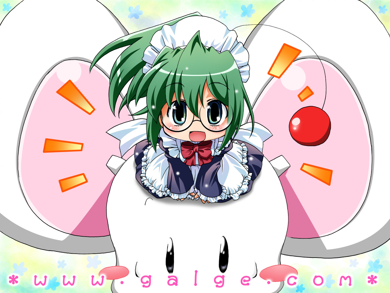 mouse (galge.com), scanner (galge.com), galge.com, original, 1girl, :d, blue eyes, blush, blush stickers, chibi, chibi only, glasses, green hair, looking at viewer, maid, mouse (animal), open mouth, short hair, sitting, smile, v arms, watermark, web address