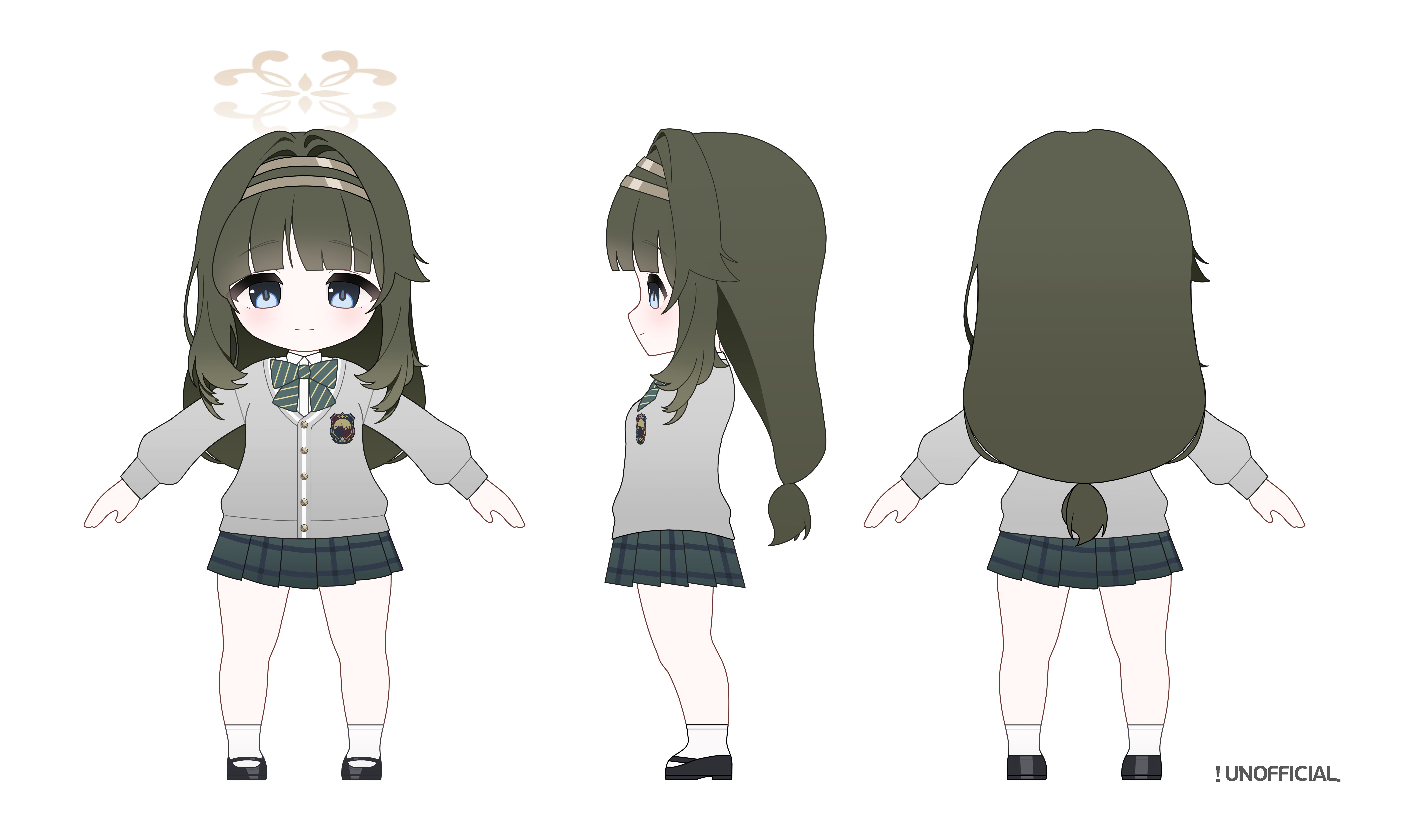 dong ji, tsumugi (blue archive), blue archive, absurdres, highres, 1girl, ankle socks, black shoes, blue eyes, blunt bangs, bow, bowtie, brown halo, cardigan, diagonal-striped bow, diagonal-striped bowtie, diagonal-striped clothes, emblem, from behind, from side, green bow, green bowtie, green hair, grey cardigan, hair intakes, halo, headband, long hair, multiple views, pleated skirt, reference sheet, shoes, skirt, socks, solo, striped bow, striped bowtie, striped clothes, t-pose, white socks, wild hunt academy of arts logo