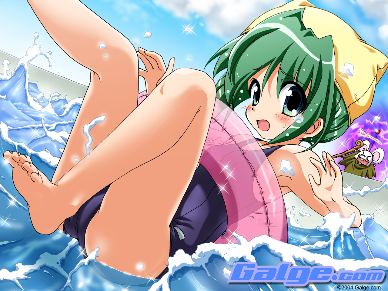 mouse (galge.com), scanner (galge.com), galge.com, original, 1girl, 2004, animal hat, barefoot, black one-piece swimsuit, blue eyes, blush, cloud, day, dutch angle, eyes visible through hair, feet, green hair, hat, innertube, legs, looking at viewer, magic, mouse (animal), nervous, one-piece swimsuit, open mouth, pool, school swimsuit, sky, sparkle, staff, swim ring, swimsuit, toenails, water, watermark, web address