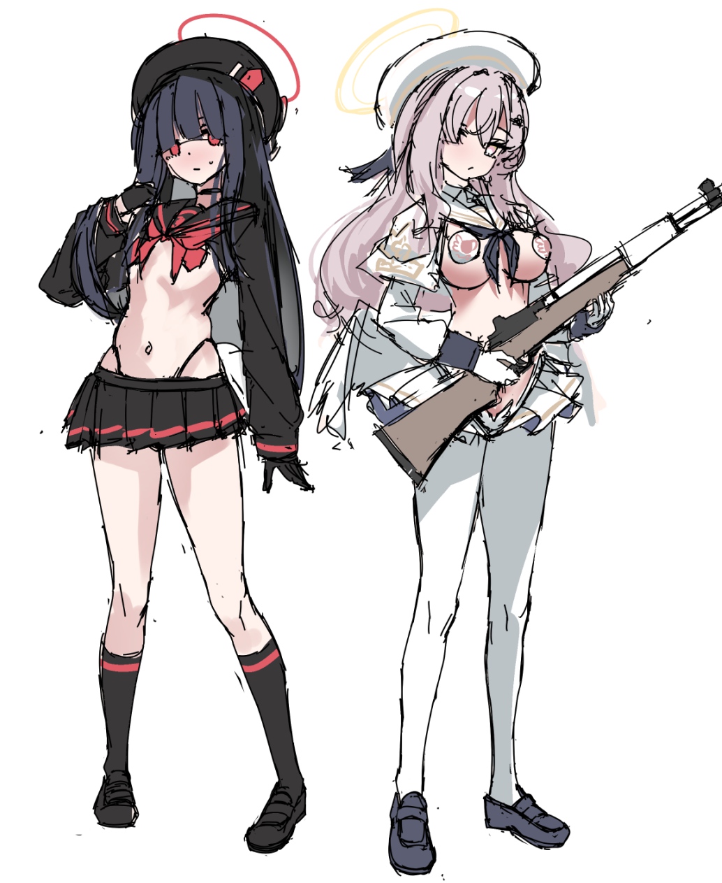 hato haru, justice task force member (blue archive), tea party militant (blue archive), blue archive, nukigee mitai na shima ni sunderu watashi wa dou surya ii desu ka?, highres, 2girls, beret, black hair, crop top, gun, halo, hat, highleg, highleg panties, long hair, m1 garand, microskirt, midriff, multiple girls, navel, nipple shield, panties, rifle, sailor collar, sketch, skirt, underwear, weapon, white background