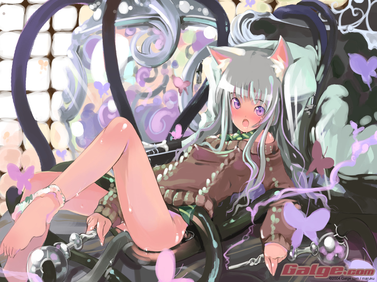 maruku, galge.com, original, 1girl, 2004, animal ears, barefoot, breasts, cat ears, cat tail, covered erect nipples, feet, female focus, female masturbation, masturbation, object insertion, open mouth, pussy juice, saliva, small breasts, solo, tail, wet