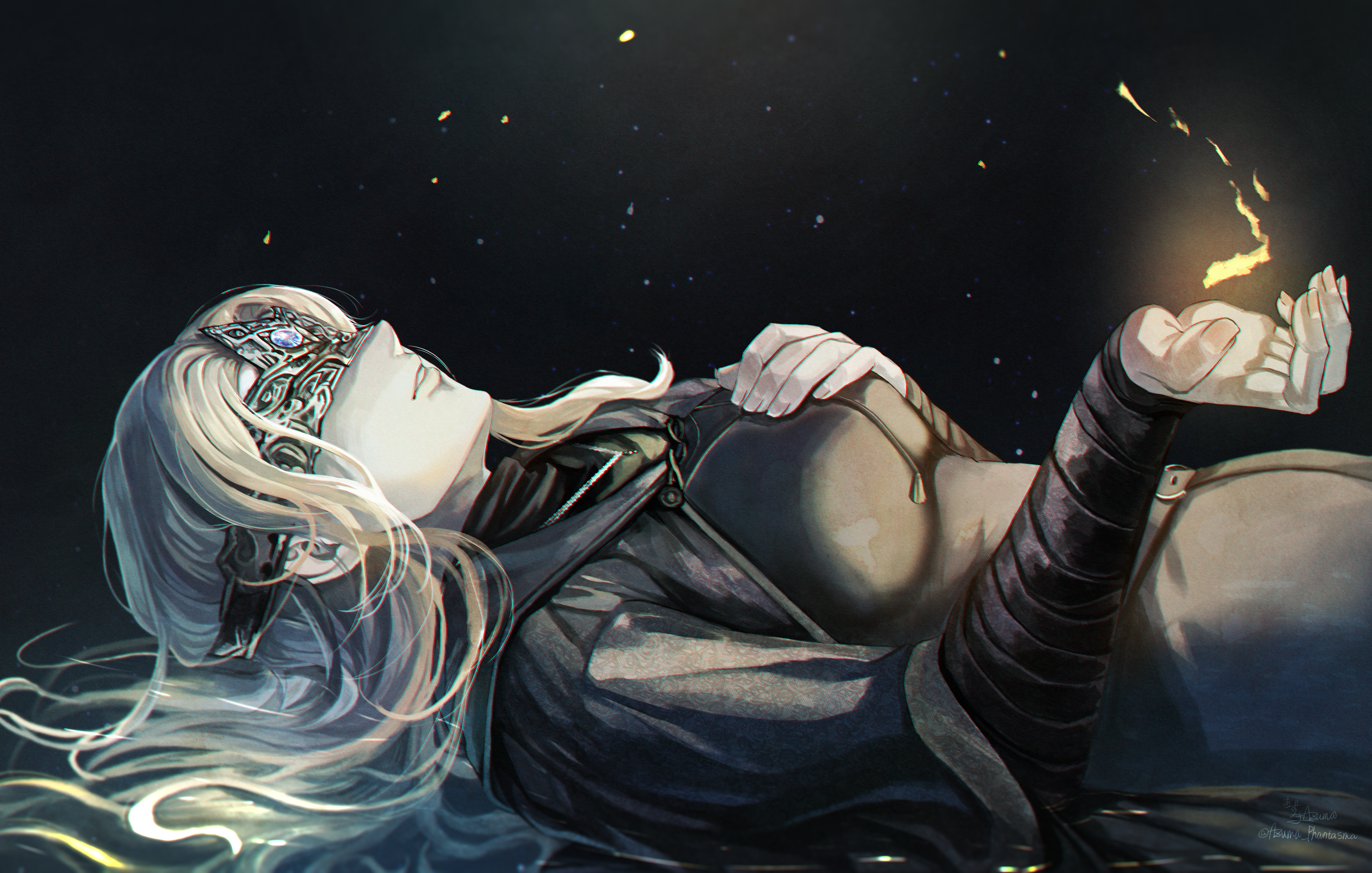amazuya azuma, fire keeper, dark souls (series), dark souls iii, fromsoftware, absurdres, highres, 1girl, black dress, blindfold, blonde hair, capelet, cloak, closed mouth, covered eyes, dress, eye mask, grey hair, jewelry, long hair, mask, necklace, solo