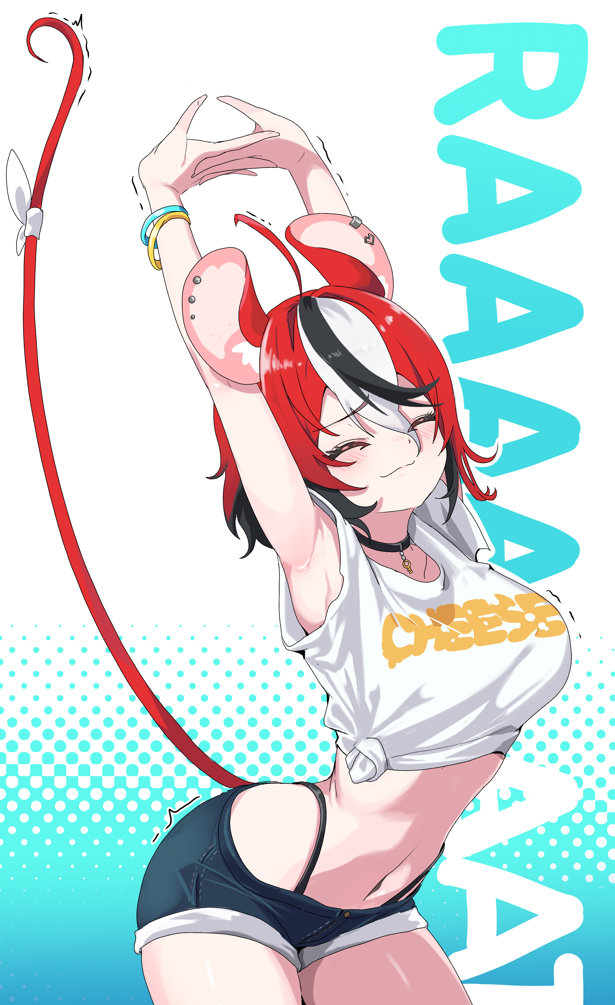 cafelittle, hakos baelz, hololive, hololive english, absurdres, highres, 1girl, ahoge, animal ears, armpits, black choker, black hair, bow, bracelet, breasts, choker, closed eyes, closed mouth, clothes writing, earrings, jewelry, large breasts, motion lines, mouse ears, mouse girl, mouse tail, multicolored hair, navel, red hair, shirt, short shorts, shorts, solo, stomach, streaked hair, stretching, tail, tail bow, tail ornament, thighs, tied shirt, virtual youtuber, white bow, white hair, white shirt