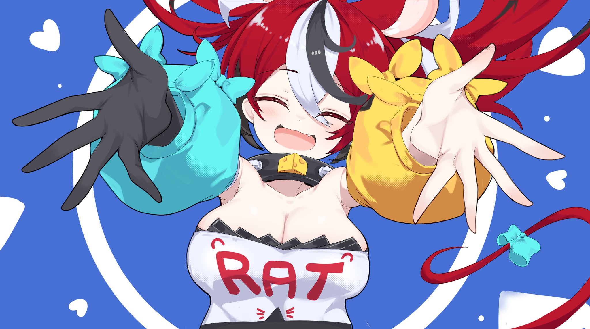 cafelittle, hakos baelz, hakos baelz (1st costume), hololive, hololive english, highres, 1girl, asymmetrical sleeves, black gloves, black hair, blue bow, blue sleeves, bow, breasts, cleavage, closed eyes, clothes writing, collar, collarbone, detached sleeves, fang, gloves, heart, long hair, mismatched sleeves, mouse tail, open mouth, reaching, reaching towards viewer, red hair, single glove, solo, spiked collar, spikes, tail, tail bow, tail ornament, upper body, virtual youtuber, white hair, yellow bow, yellow sleeves