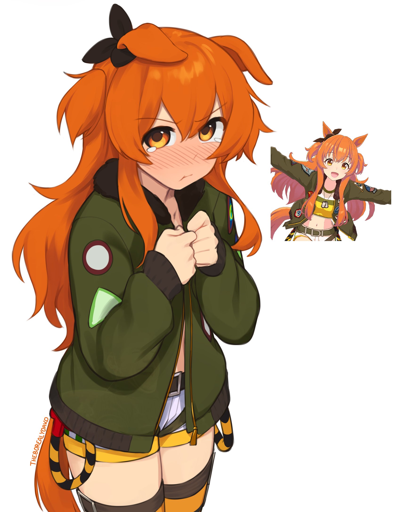 yoako, mayano top gun (umamusume), umamusume, commentary, english commentary, highres, 1girl, :t, animal ears, belt, black belt, black bow, black thighhighs, blush, bomber jacket, bow, closed mouth, cowboy shot, double-parted bangs, ear bow, ears down, green jacket, horse ears, horse girl, horse tail, jacket, long hair, long sleeves, looking at viewer, mayano top gun (scramble zone) (umamusume), orange eyes, orange hair, patch, pout, reference inset, short shorts, shorts, sidelocks, simple background, solo, tail, tearing up, thighhighs, v-shaped eyebrows, white background, white shorts, zipper