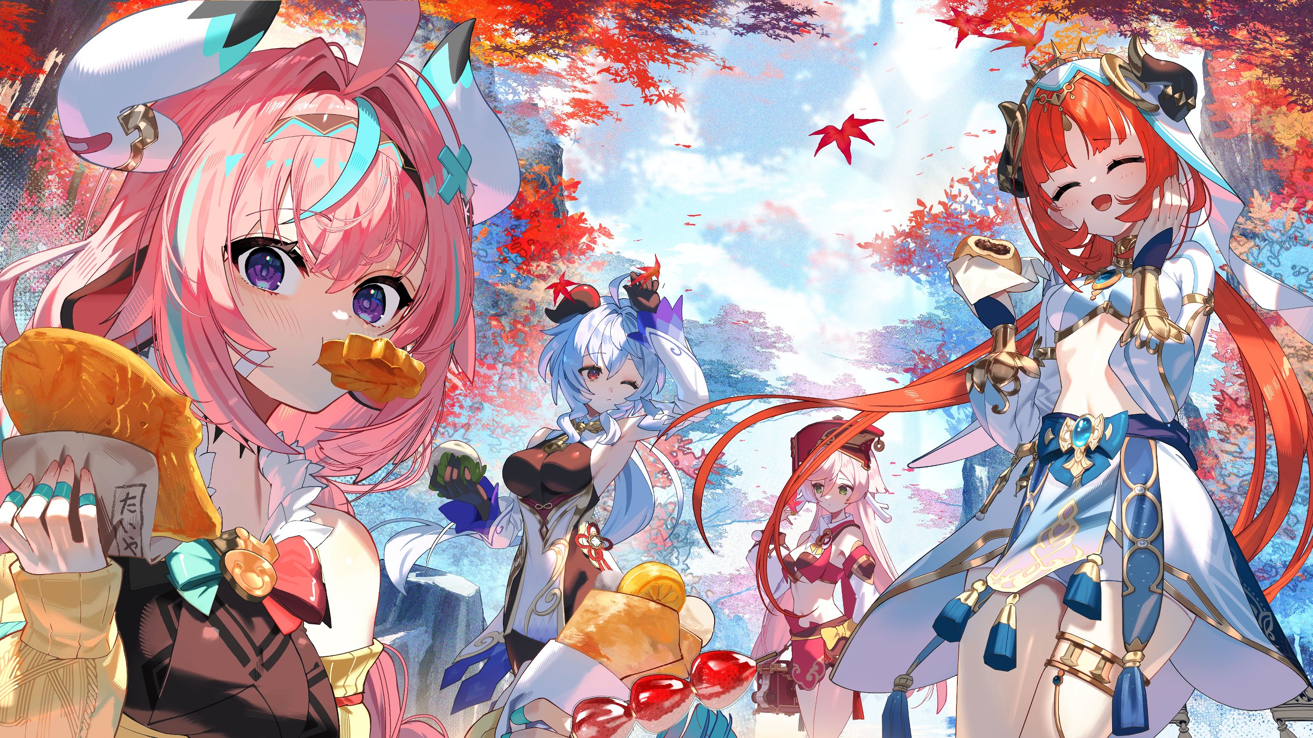 scottie (phantom2), ganyu (genshin impact), nilou (genshin impact), varesa (genshin impact), yanfei (genshin impact), genshin impact, highres, 4girls, antlers, blue hair, bodystocking, closed eyes, deer antlers, detached sleeves, fake horns, goat horns, gold thighlet, green eyes, hand up, horns, long hair, long sleeves, looking at viewer, multiple girls, navel, one eye closed, open mouth, outdoors, pink hair, smile, stomach