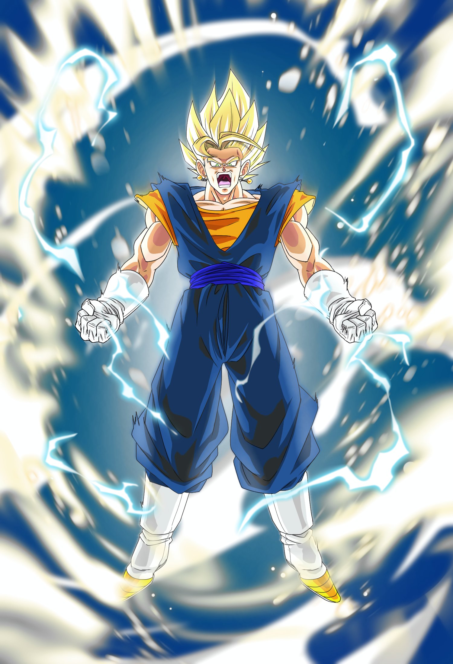 vegetto, dragon ball, dragonball z, commentary request, highres, revision, 1boy, aura, blonde hair, blue pants, blue sash, blue shirt, boots, clenched hands, dougi, earrings, electricity, full body, gloves, jewelry, male focus, medium hair, open mouth, orange shirt, pants, pocagraffiti, potara earrings, powering up, sash, screaming, shirt, solo, spiked hair, super saiyan, super saiyan 1, teeth, white boots, white gloves