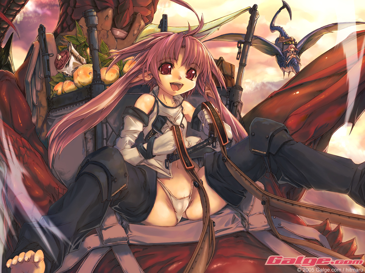 hitmaru, hitomaru, galge.com, 1girl, 2005, :d, bare shoulders, barefoot, dragon, elf, highleg, highleg panties, long hair, navel, open mouth, panties, pink hair, pointy ears, red eyes, red hair, riding, sky, smile, spread legs, thighhighs, toeless legwear, toes, twintails, underwear