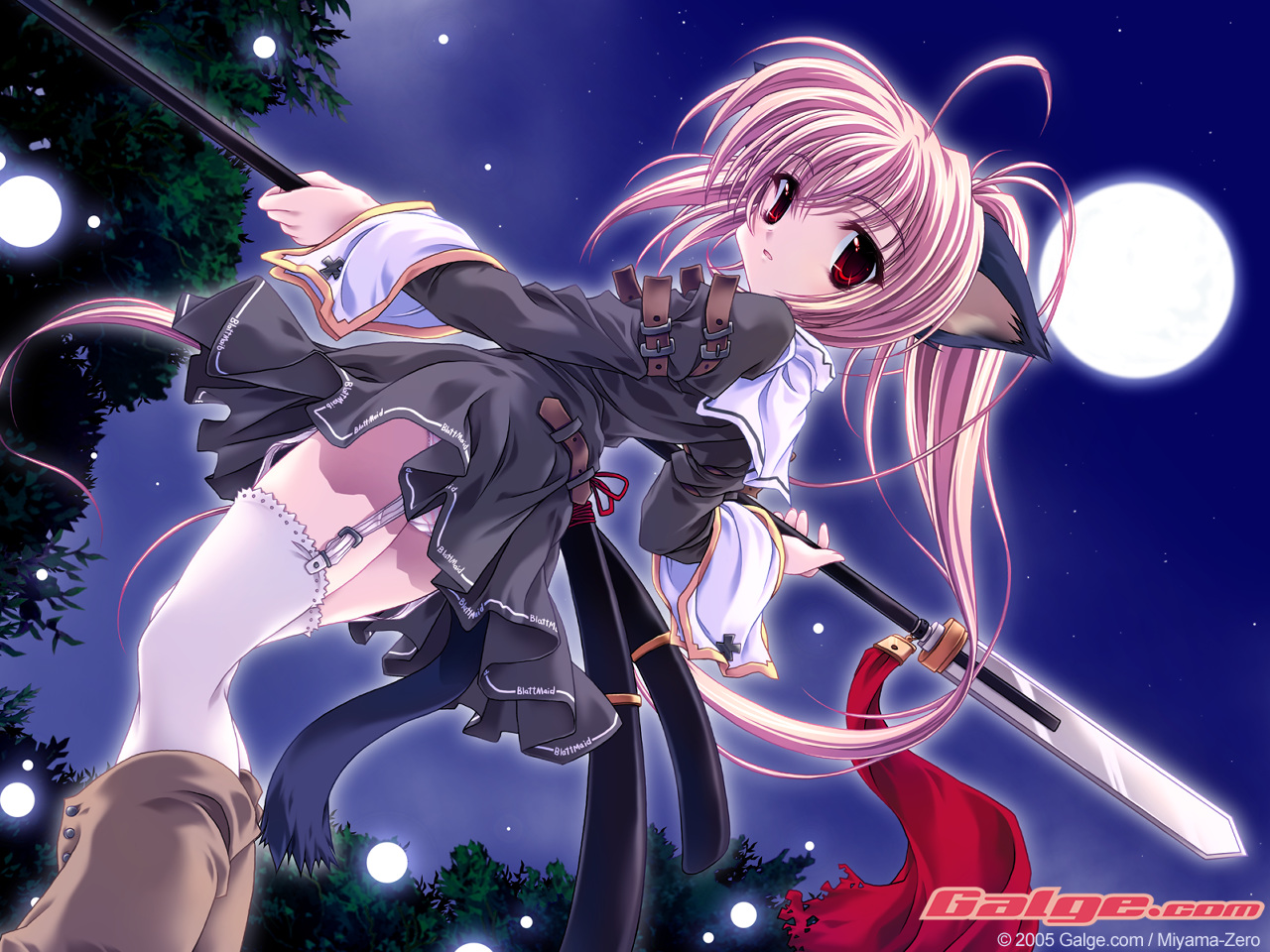 miyama-zero, galge.com, character request, source request, 1girl, 2005, animal ears, dutch angle, female focus, long hair, moon, night, night sky, outdoors, panties, pantyshot, petite, pink hair, polearm, red eyes, sky, solo, spear, standing, tail, thighhighs, underwear, upskirt, weapon, wind, wind lift, zettai ryouiki