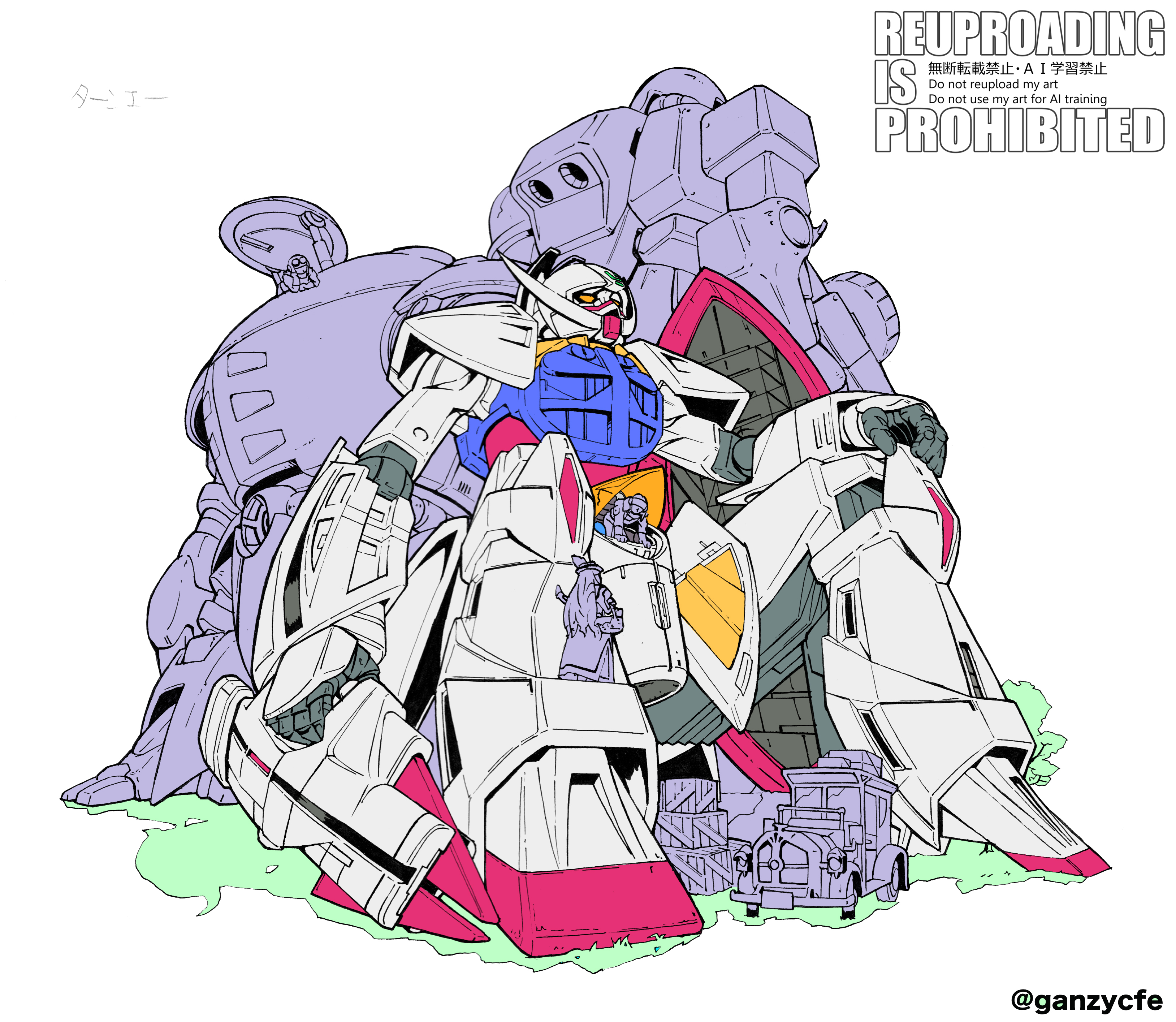 m ganzy, dianna soreil, laura rolla, gundam, turn a gundam, absurdres, highres, 1boy, 1girl, artist name, full body, gun, holding, holding gun, holding weapon, mecha, robot, simple background, sitting, weapon, white background
