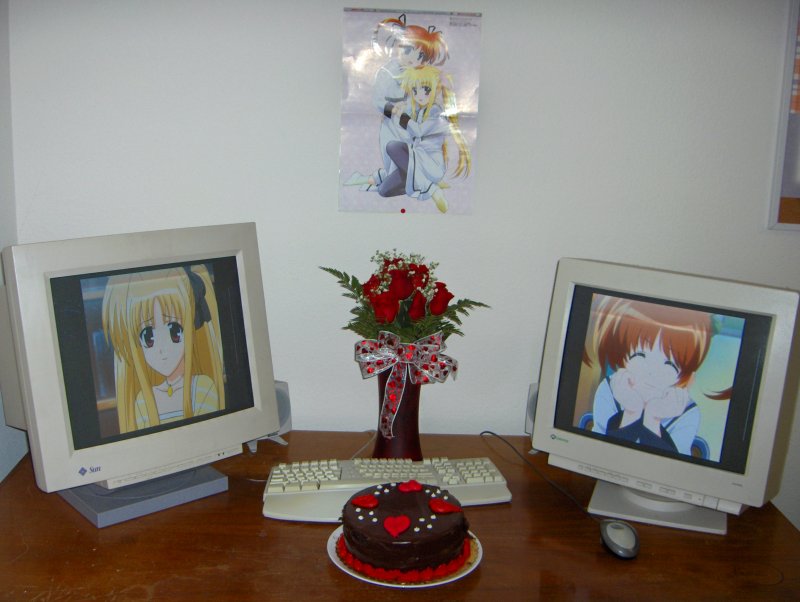 fate testarossa, takamachi nanoha, lyrical nanoha, mahou shoujo lyrical nanoha, photo (medium), 00s, 2d dating, 2girls, lonely, multiple girls, poster (object)