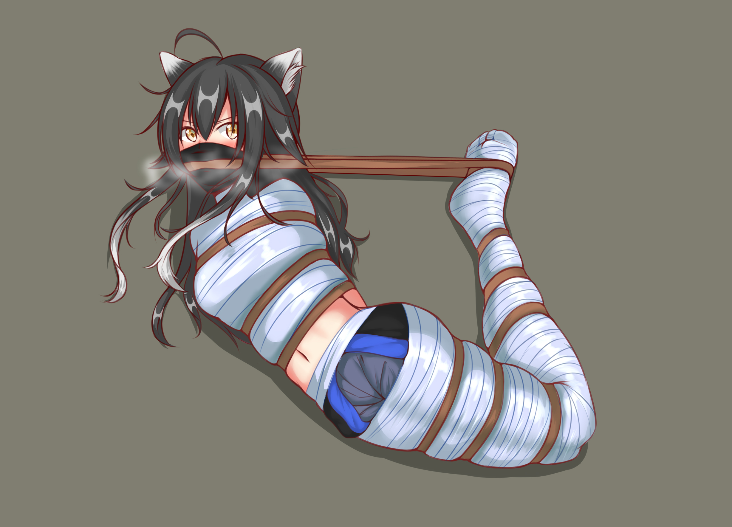 shiromaki, original, highres, 1girl, arms behind back, bdsm, belly, bondage, bound, cloth gag, gag, gagged, improvised gag, midriff, navel, over the nose gag, peril, restrained, shibari, tape, tape bondage, taped arms, taped legs