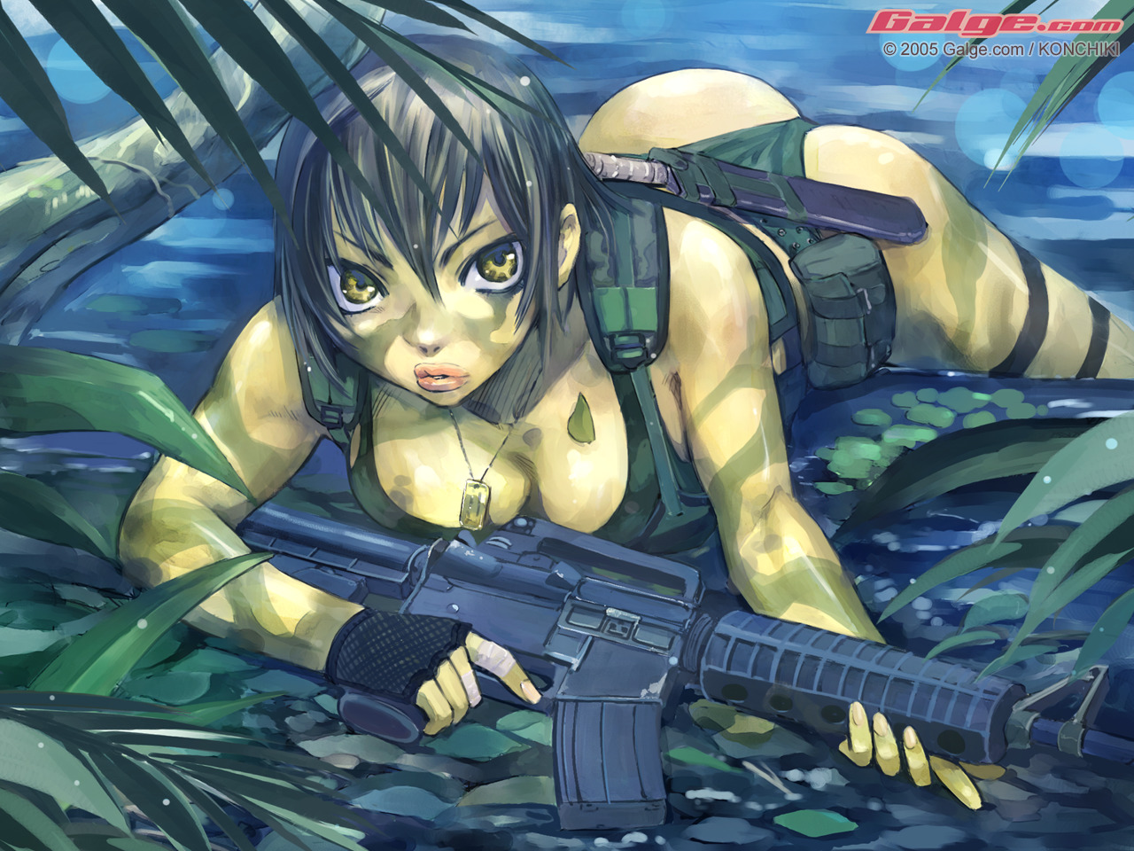 konchiki, galge.com, 1girl, 2005, ass, assault rifle, bandages, breasts, camouflage, cleavage, dog tags, female focus, gloves, gun, jungle, knife, large breasts, lips, m16, m4 carbine, mud, nature, rifle, solo, thigh strap, weapon, wedgie, yellow eyes
