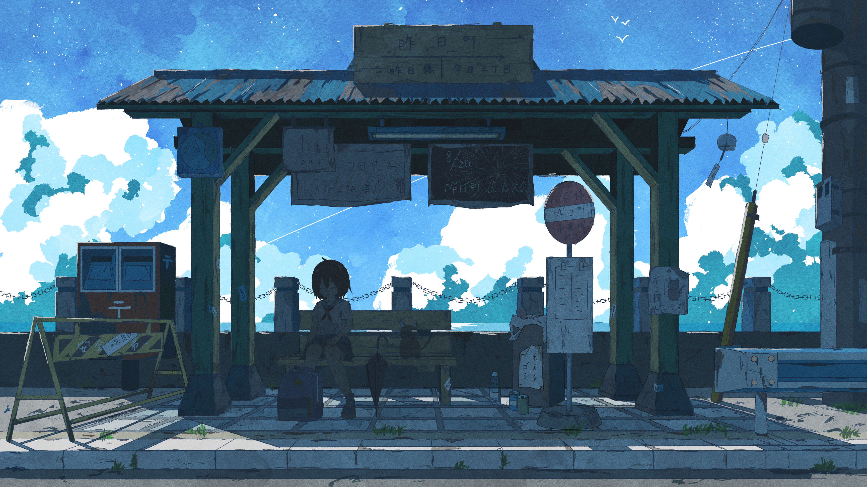 kafumi, original, absurdres, commentary request, highres, translation request, 1girl, ahoge, backpack, bag, bench, bird, black shoes, blue sailor collar, blue skirt, blue sky, bottle, bus stop, bus stop sign, can, clock, closed eyes, cloud, collarbone, contrail, drink can, guard rail, hand on own hip, medium hair, neckerchief, on bench, outdoors, poster (object), power lines, red neckerchief, road, sailor collar, scenery, school uniform, serafuku, shirt, shoes, short sleeves, sign, sitting, skirt, sky, solo, traffic barrier, trash can, umbrella, utility pole, vending machine, white shirt, wide shot