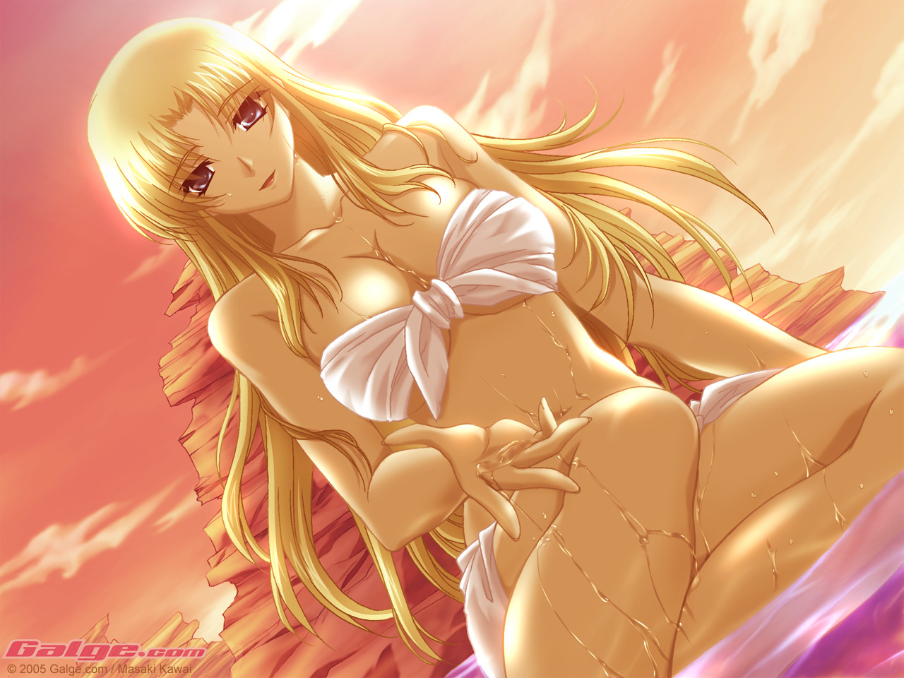 kawai masaki, galge.com, 1girl, 2005, bandeau, bikini, blonde hair, breasts, cleavage, cloud, dutch angle, female focus, front-tie bikini top, front-tie top, hair intakes, large breasts, lipstick, long hair, makeup, outdoors, purple eyes, sarong, sitting, sky, smile, solo, strapless, strapless bikini, submerged, sunset, swimsuit, tube top, underboob, water, wet, white bikini