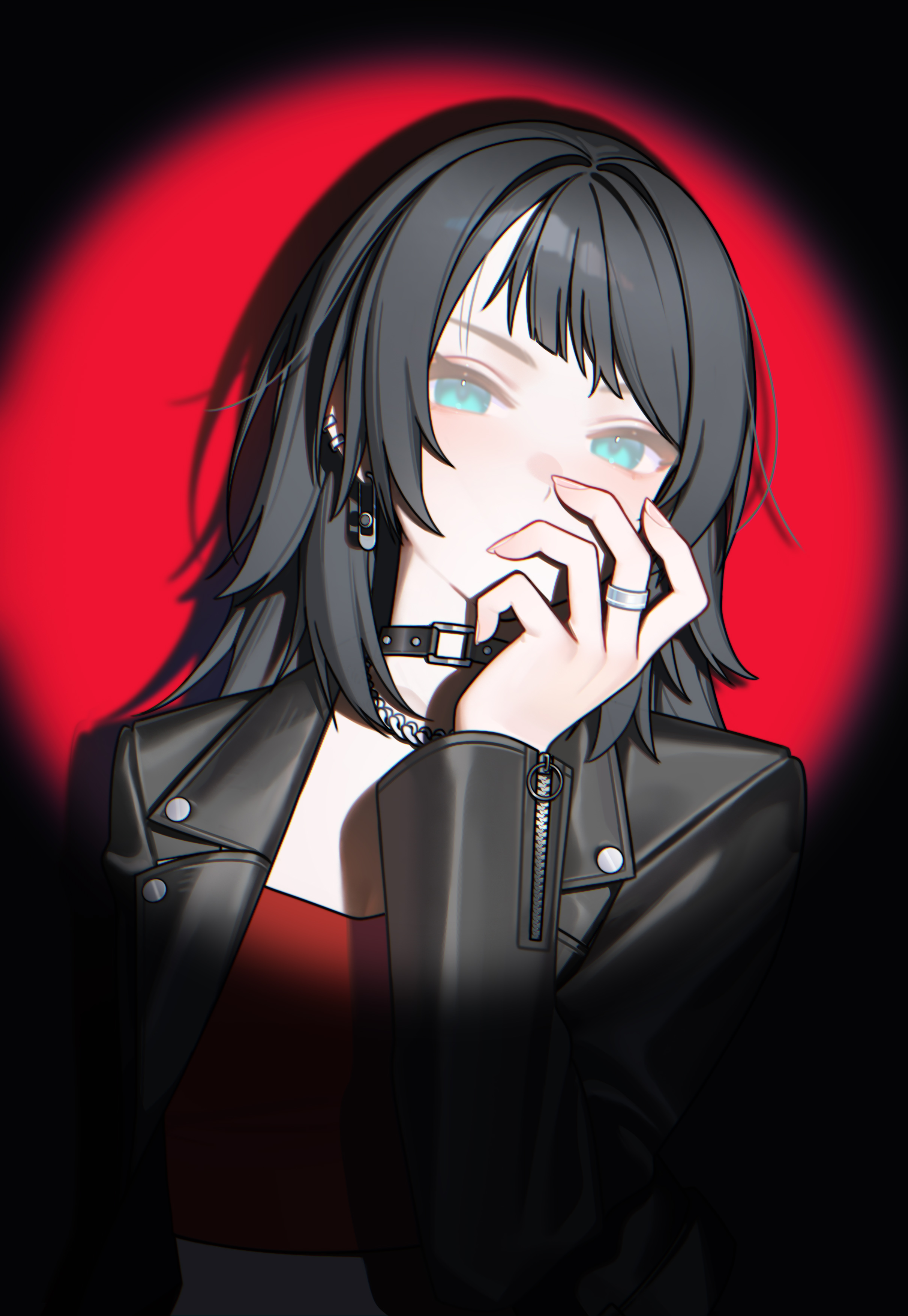 guyijun, yahata umiri, bang dream!, bang dream! it's mygo!!!!!, absurdres, highres, 1girl, arm at side, black choker, black hair, black jacket, blue eyes, breasts, choker, cleavage, covered mouth, covering own mouth, crop top, earclip, earrings, fingernails, hand over own mouth, hand up, jacket, jewelry, leather, leather jacket, long hair, long sleeves, looking at viewer, necklace, o-ring, o-ring choker, open clothes, open jacket, red shirt, ring, shadow, shirt, solo, spotlight, two-tone background, upper body, zipper